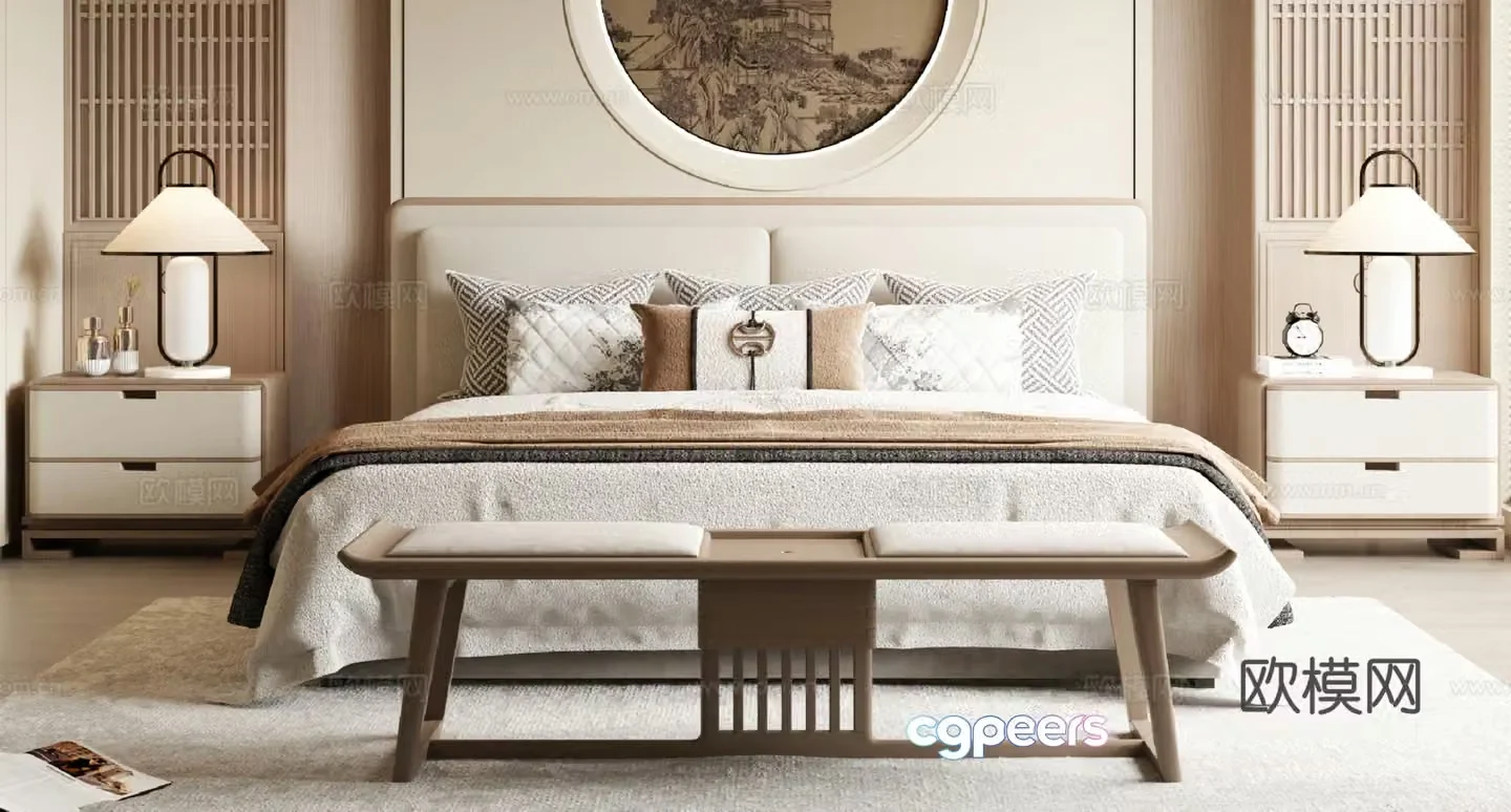 New Chinese style double bed 3D model