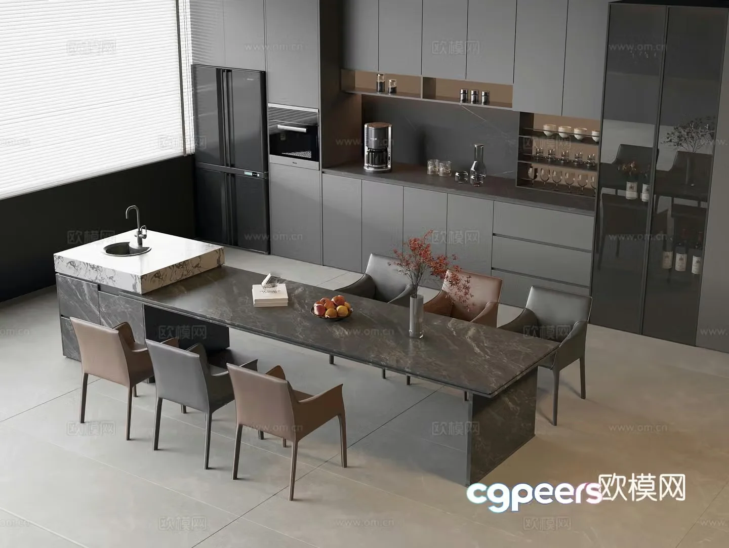 Modern island dining table and chairs 3d model