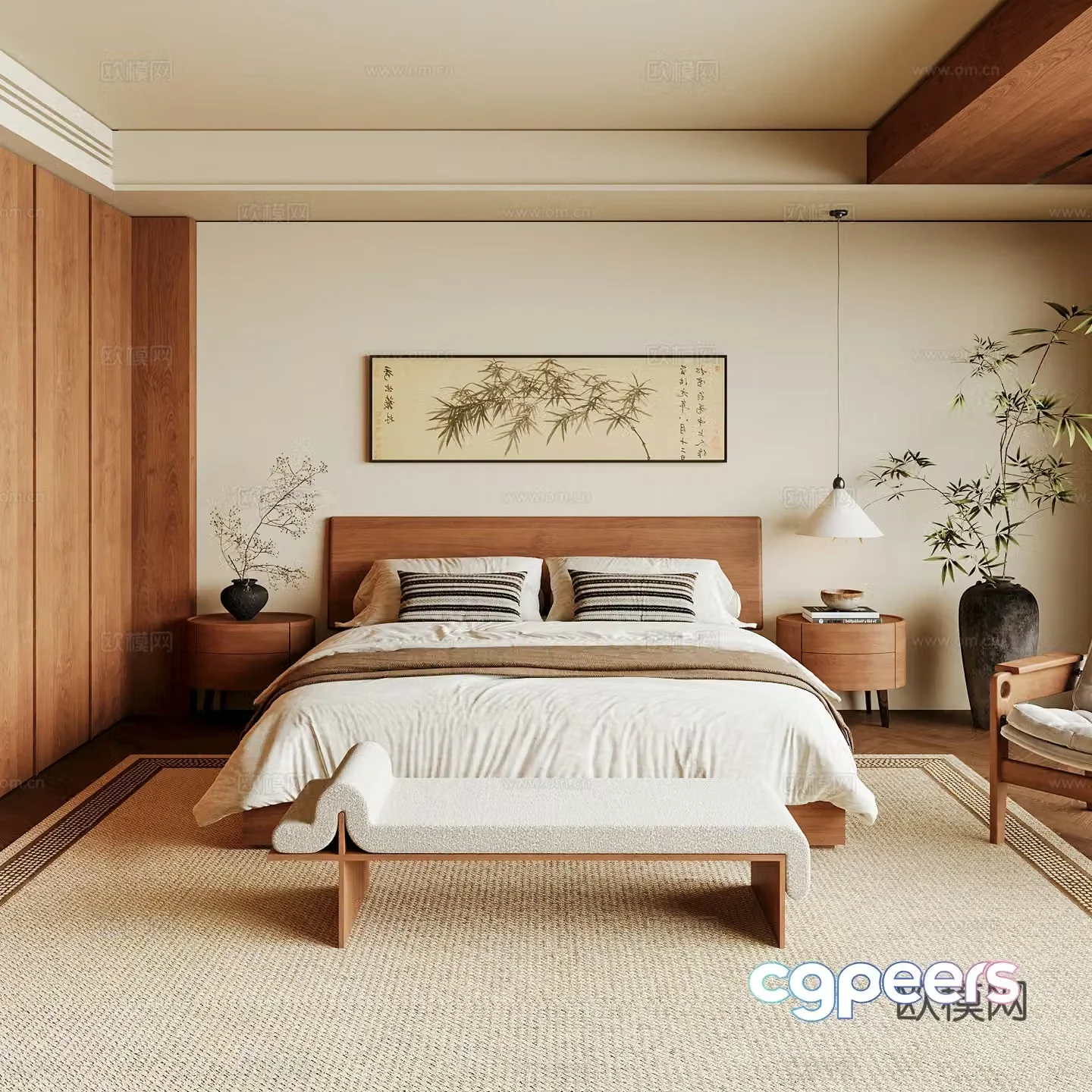 New Chinese style home bedroom Song family aesthetic bedroom Song style bedroom New Chinese style double bed New Chinese 3D model