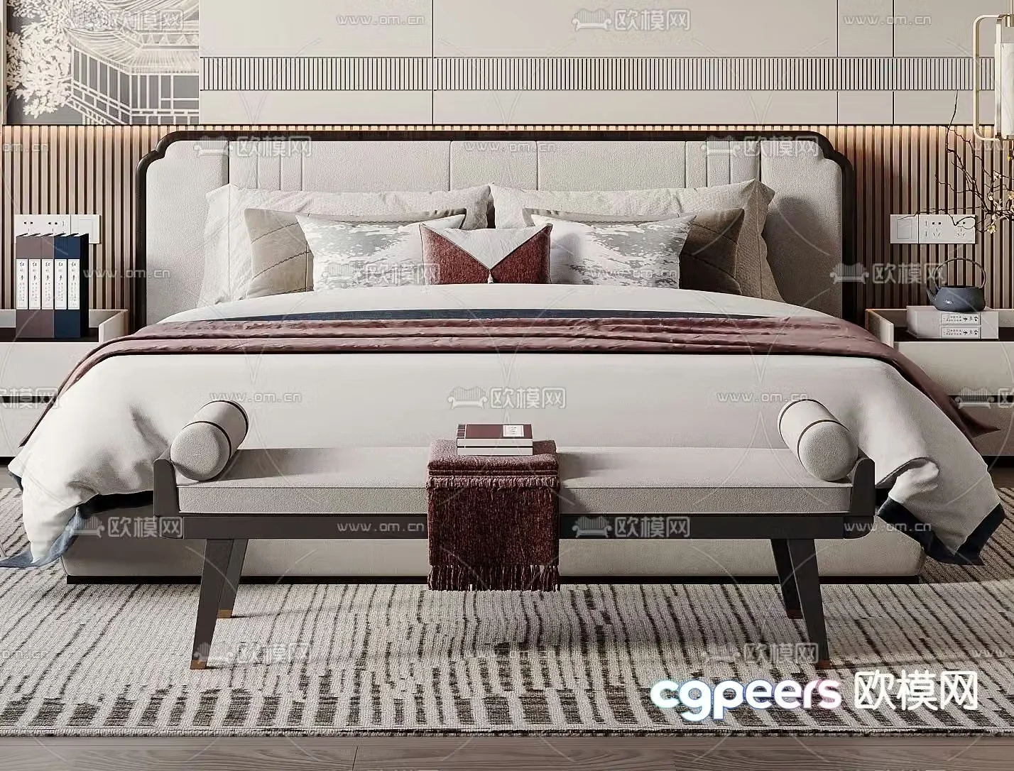 New Chinese style double bed 3d model