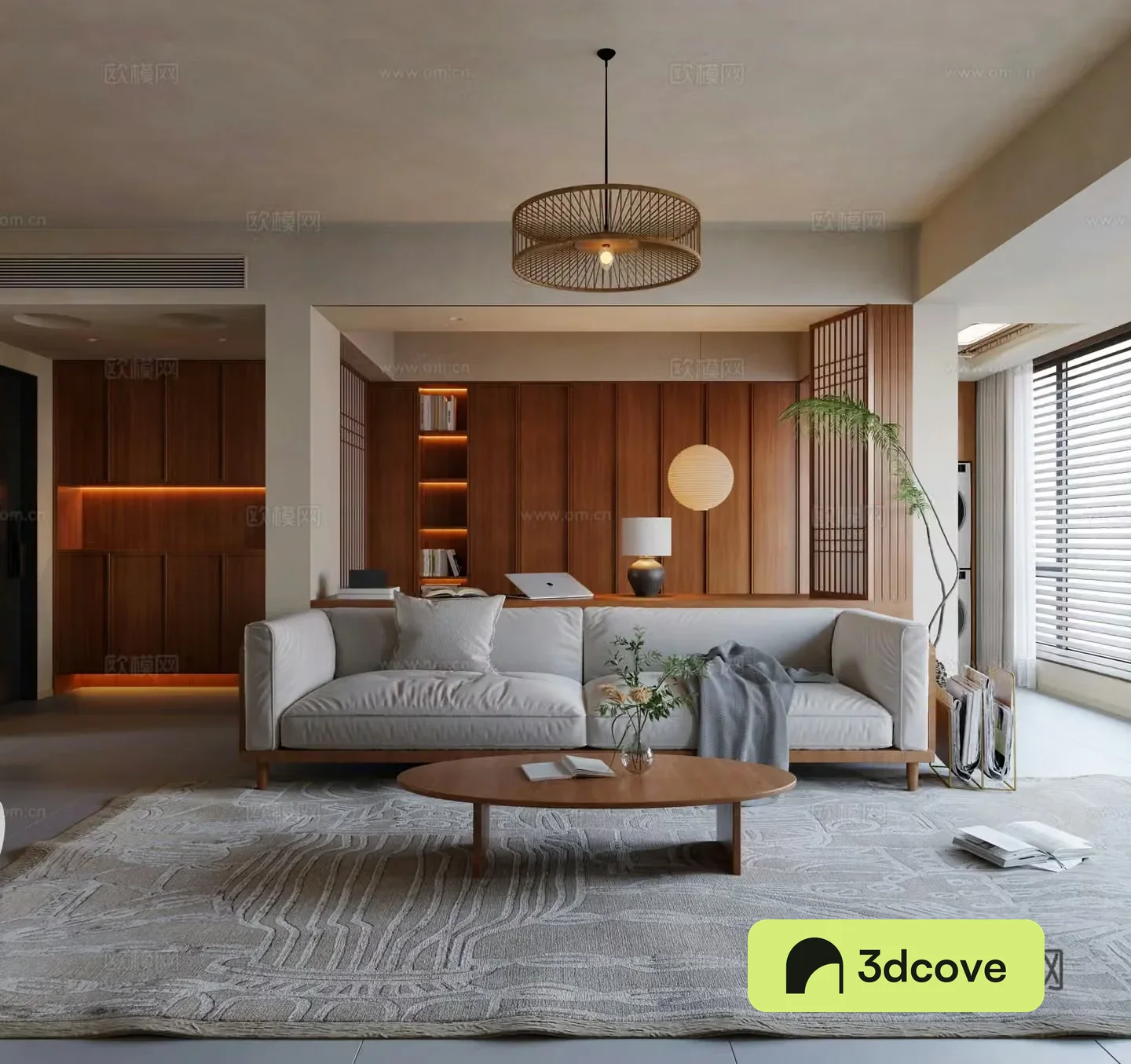Middle-aged living room combination sofa study desk new Chinese living room living and dining room chandeliers 3D model
