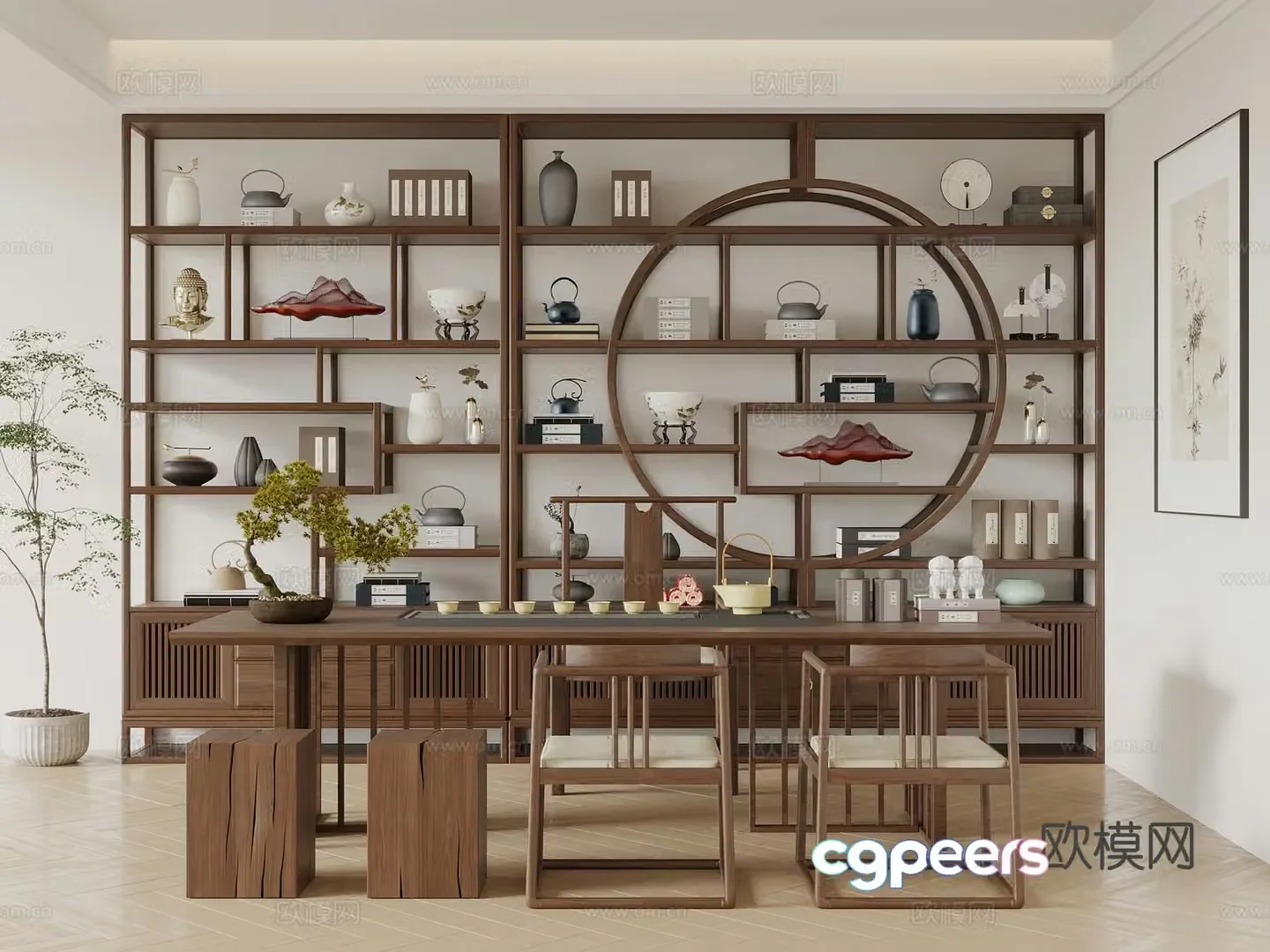 New Chinese tea table and chairs 3d model