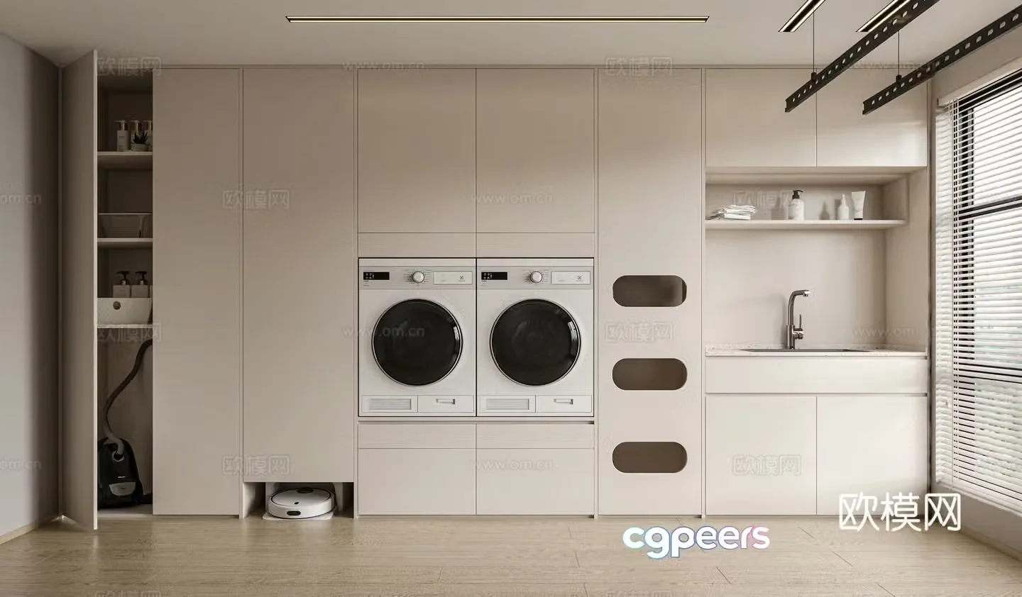 Laundry room washing machine cabinet electric clothes drying rack sweeping robot vacuum cleaner 3D model