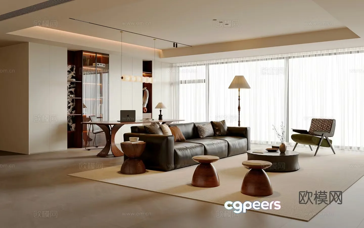 Modern medieval living room sofa and coffee table combination bookcase desk and chair combination chandelier floor lamp 3D model