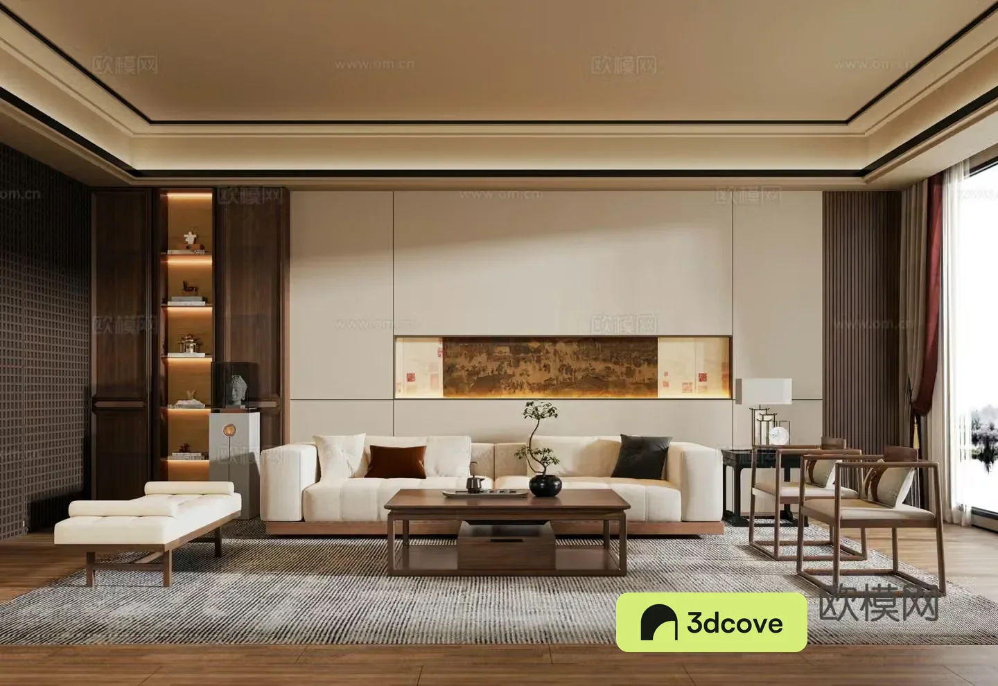 New Chinese style living room sofa and coffee table combination new Chinese style background wall sculpture screen