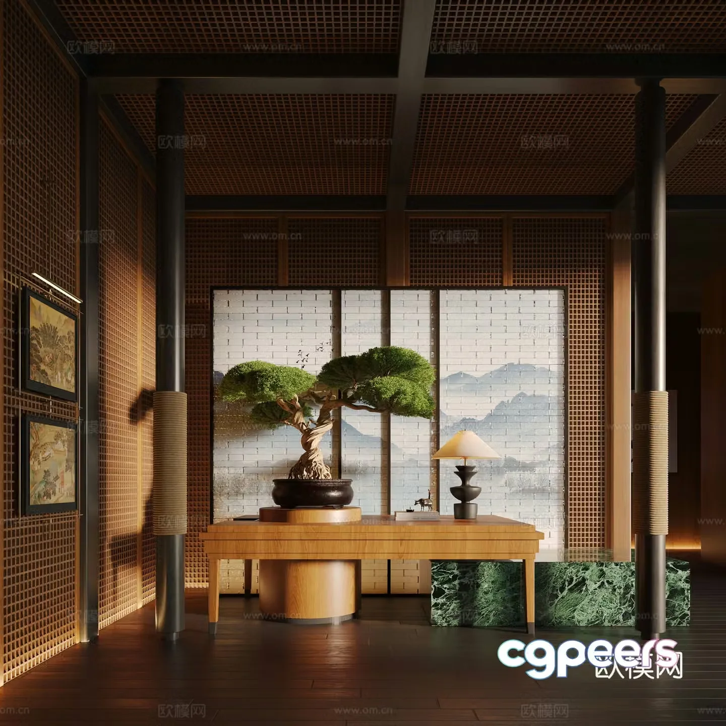 New Chinese Hotel Hall Flower Art Device Bonsai Wind Line 3D Model