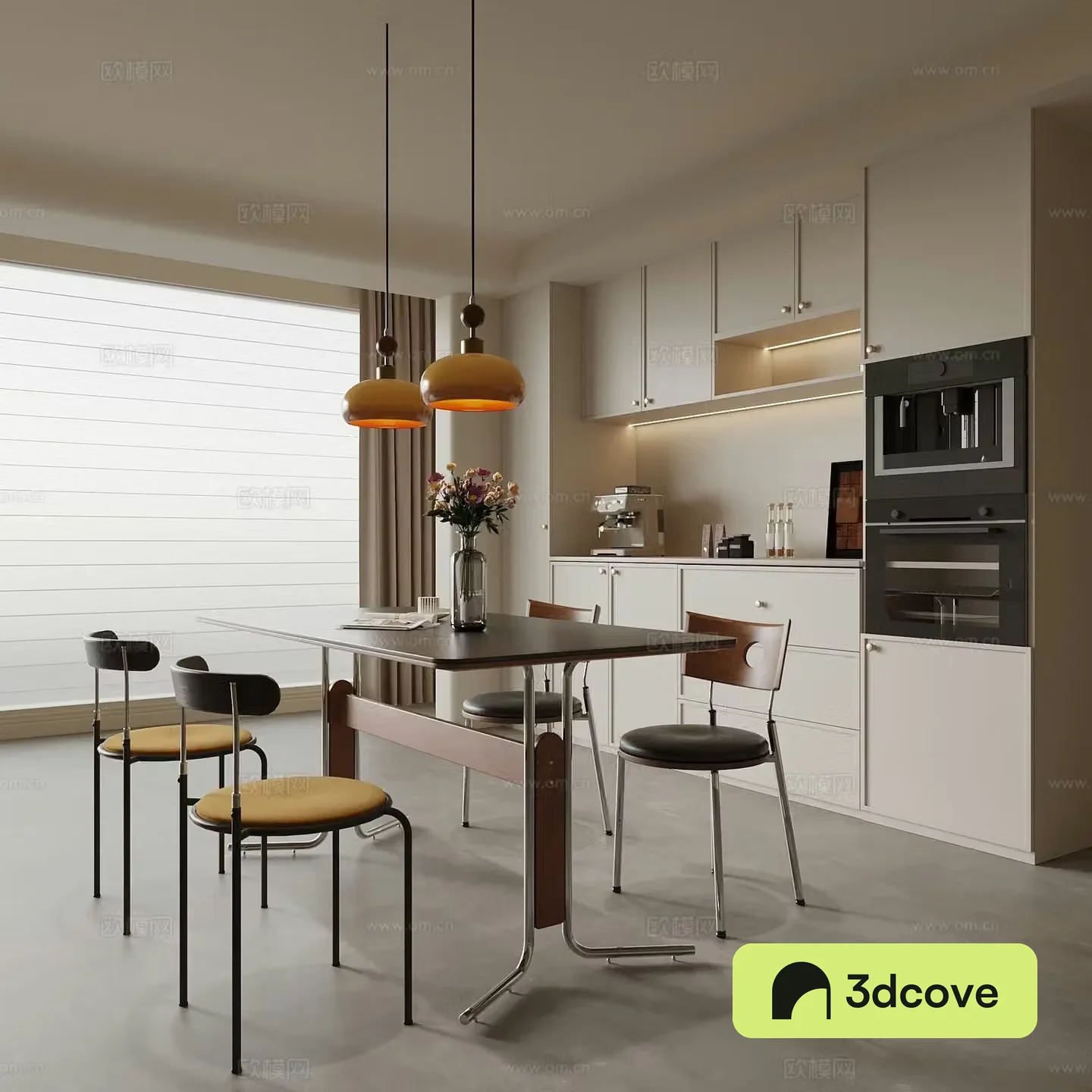 Middle-aged restaurant dining table and chairs wine cabinet 3d model