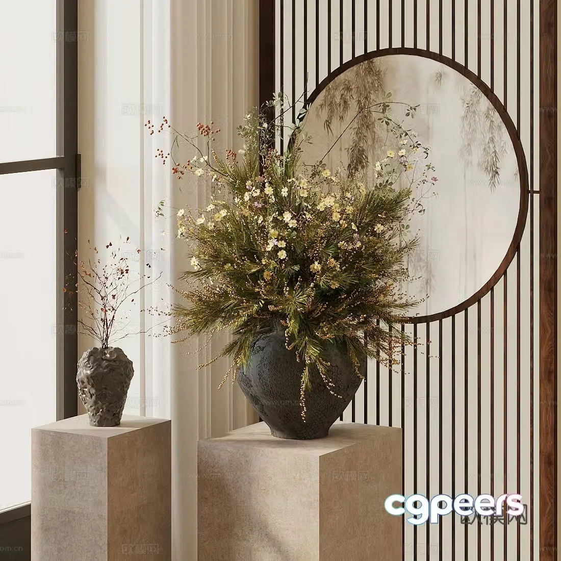 New Chinese style Zen flower art flower art flowers ceramic vase living room vase ornaments fake flowers immortal flowers 3D model