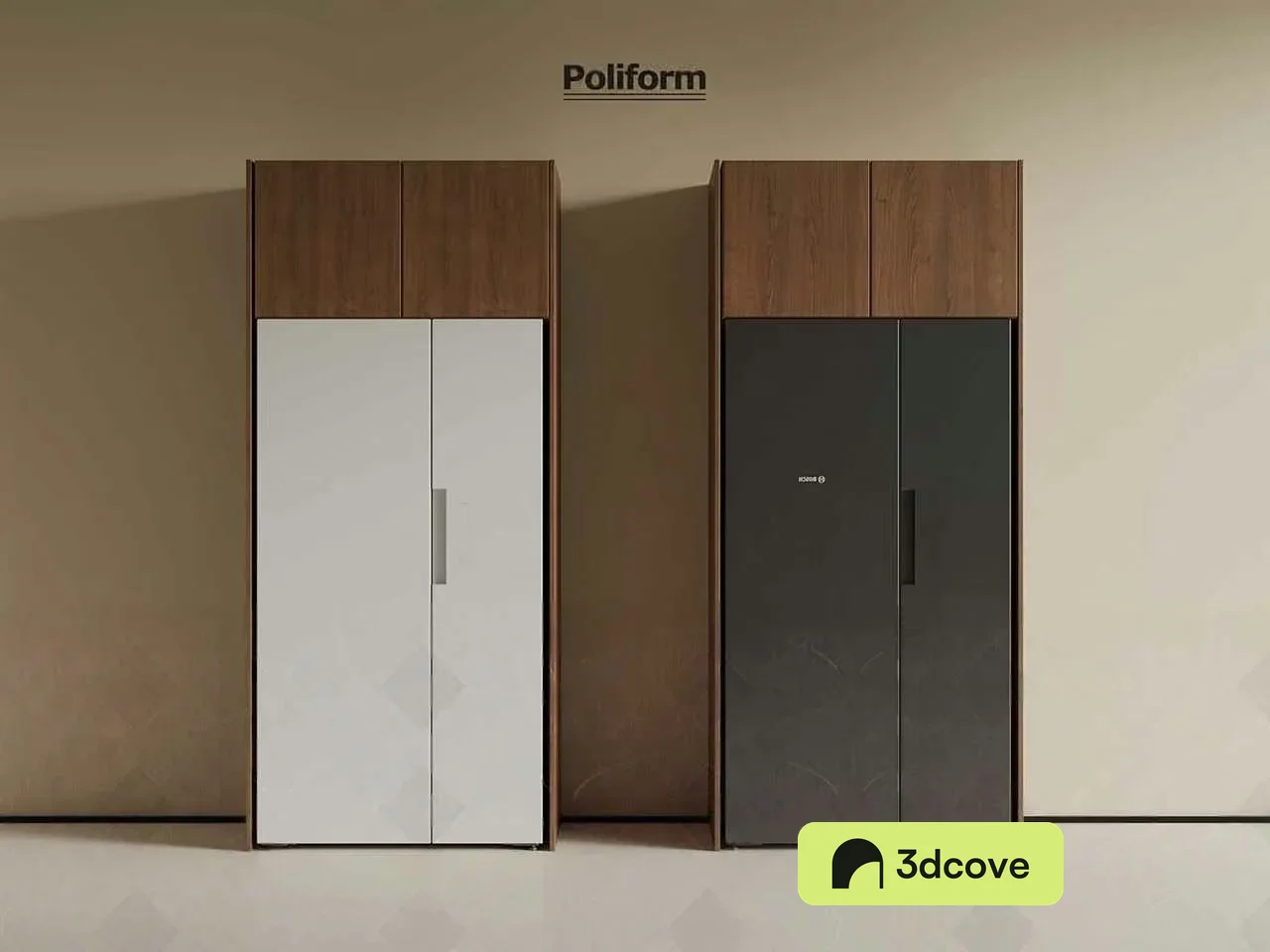 Two Tall Wooden Cabinets With White And Gray Doors