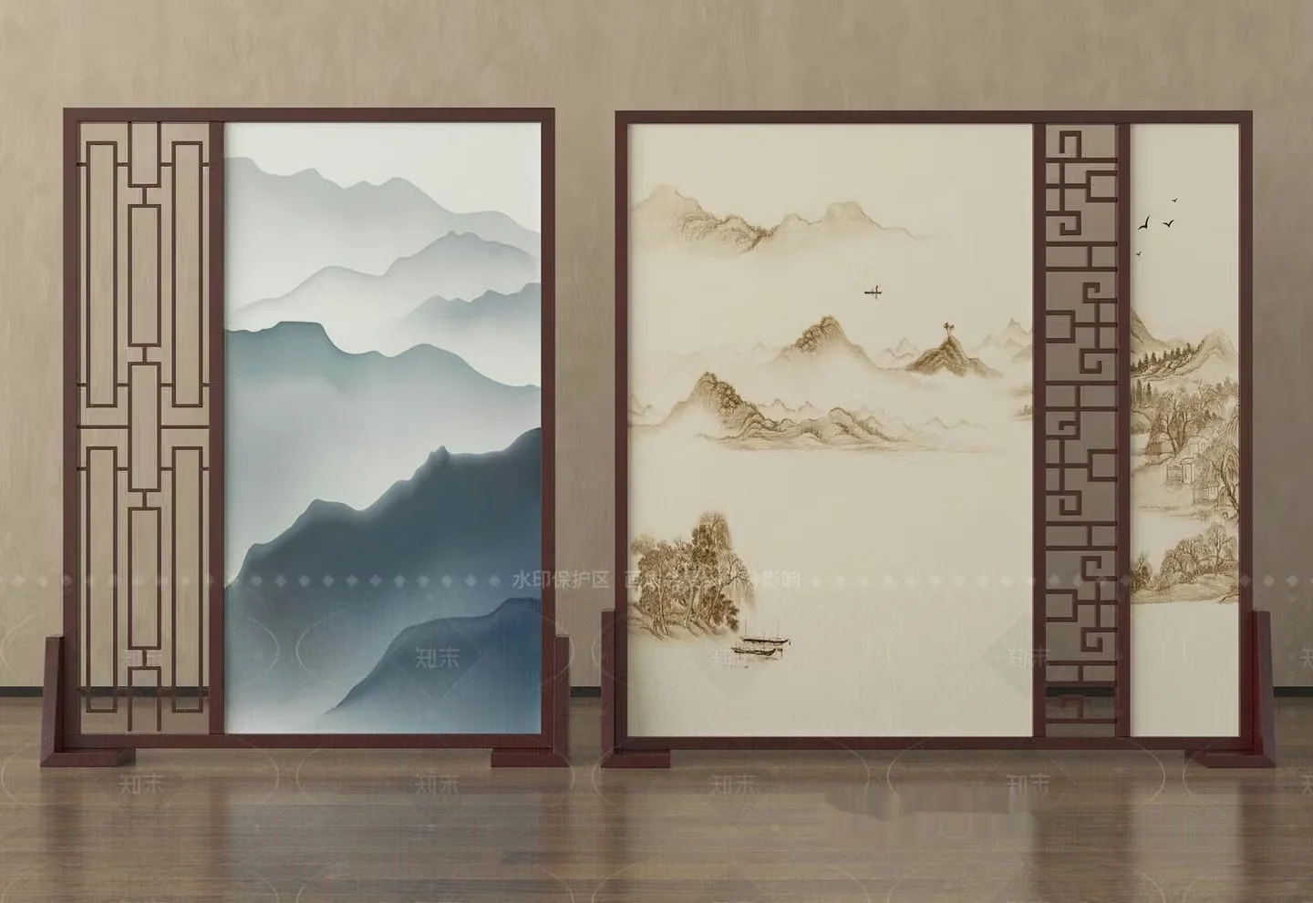 A Pair Of Decorative Screens With Asian-Inspired Designs 3D Model – 596 – VRAY Render