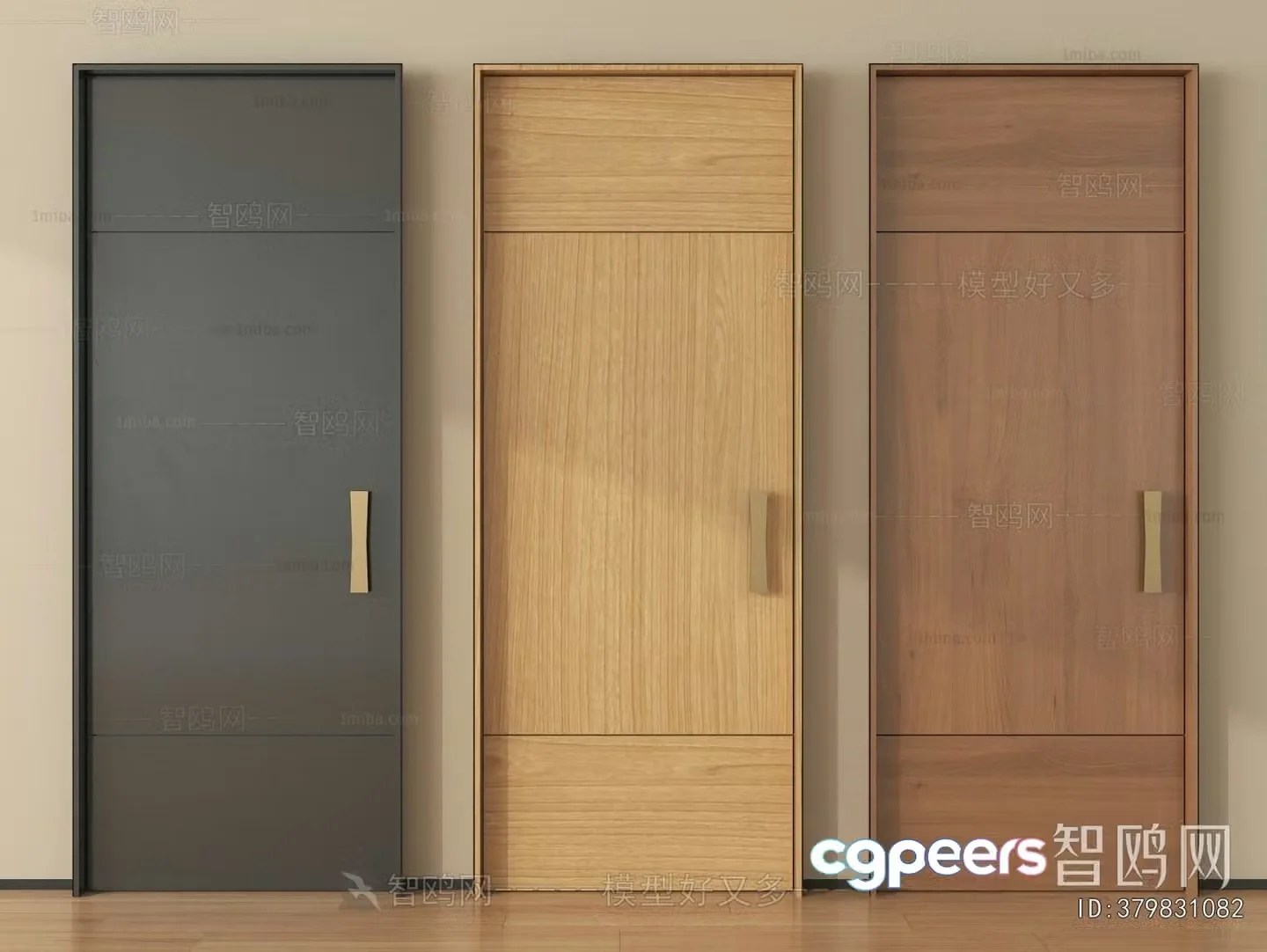 Three Wooden Doors With Gold Handles 3D Model – 10091 – VRAY Render