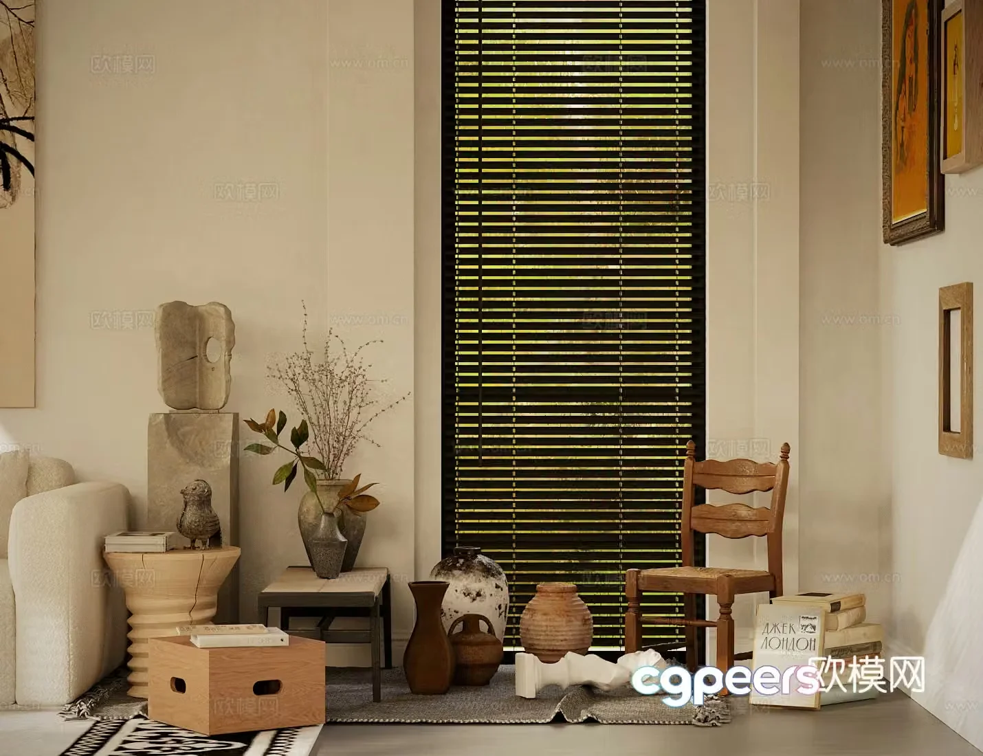 Medium style single chair wooden chair corner table clay pot 3d model