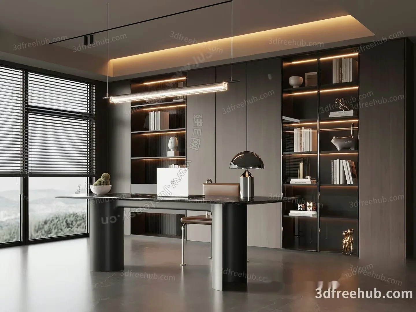 A Modern Home Office With A Large Desk 3D Model – 18679 – VRAY Render