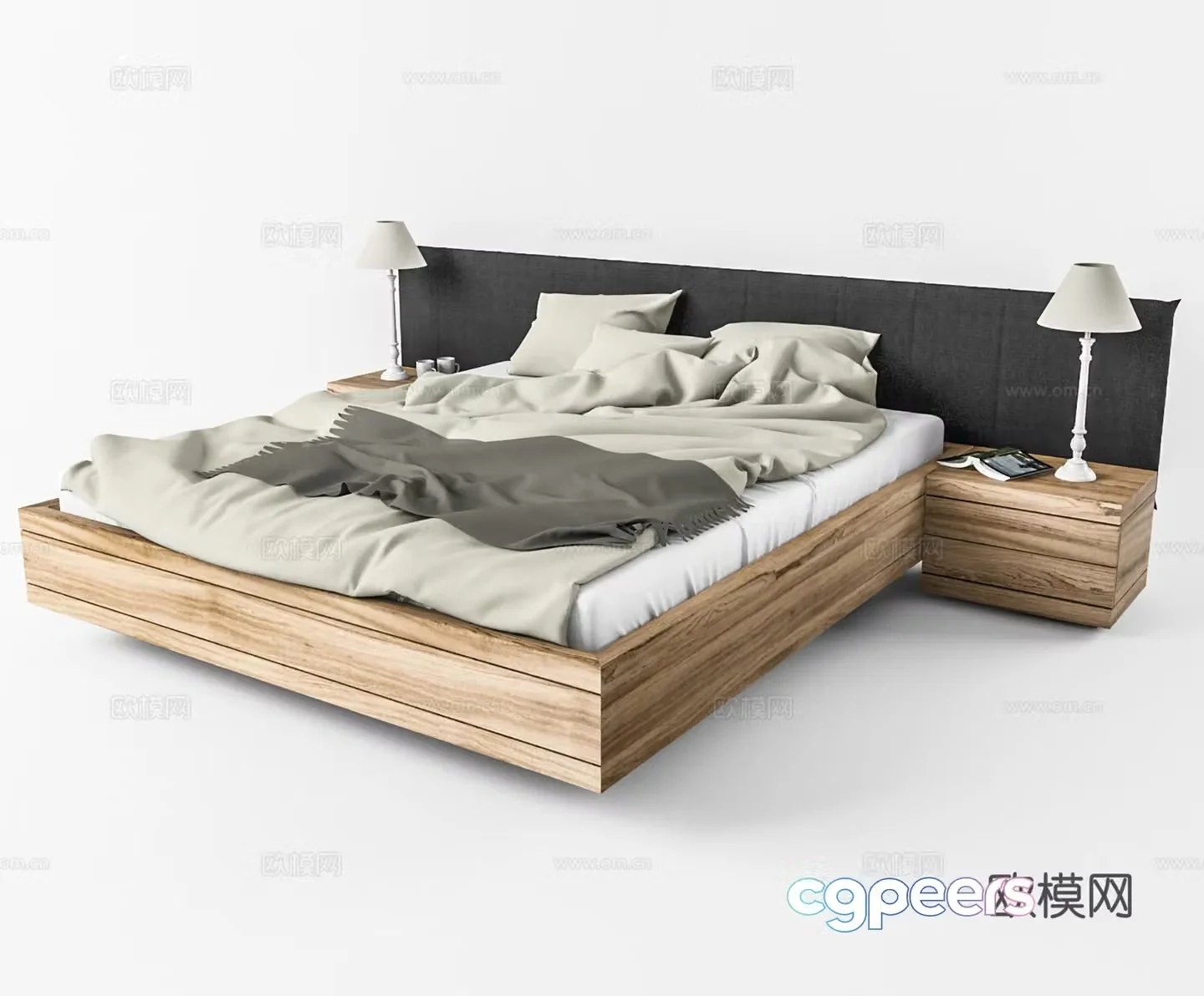 Modern double bed bedside counter lamp combination 3D model