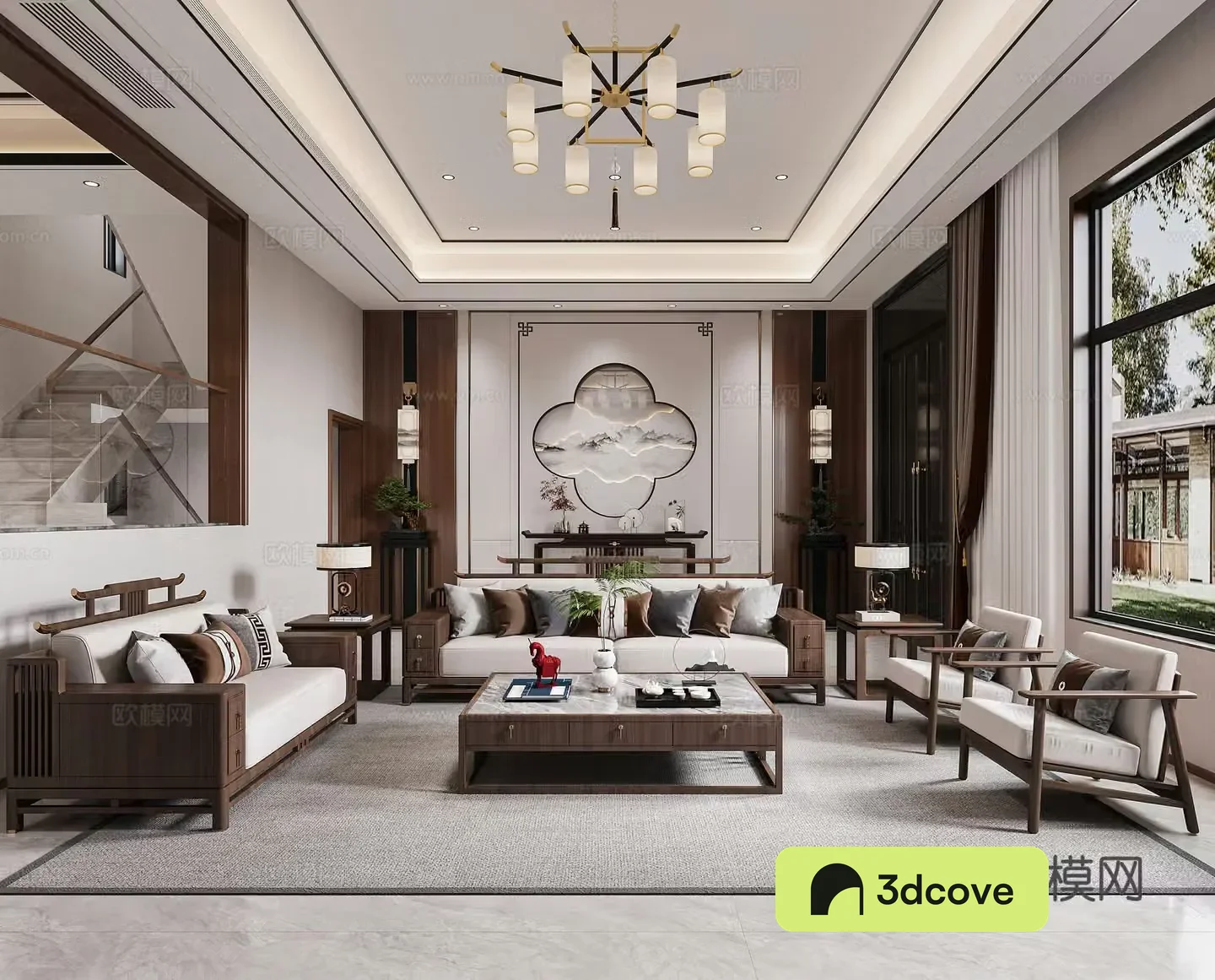 New Chinese living room combination sofa new Chinese living and dining room villa leisure chair chandeliers entrance