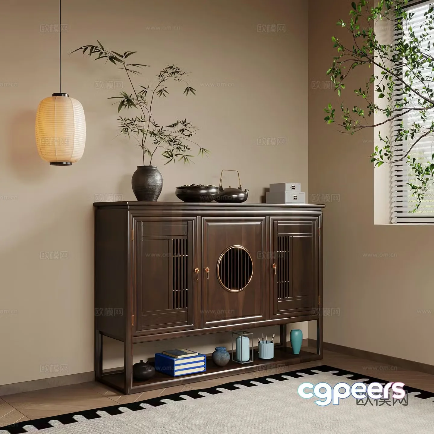 04 porch cabinet new Chinese style porch cabinet sideboard decorative painting chandelier 3d model
