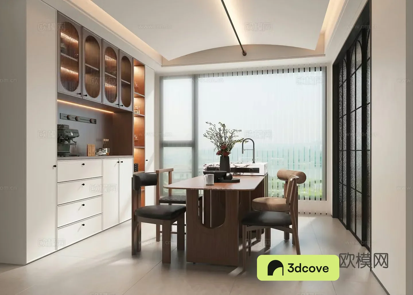 Middle style restaurant Middle style dining table Skyline lamp Wine cabinet 3d model