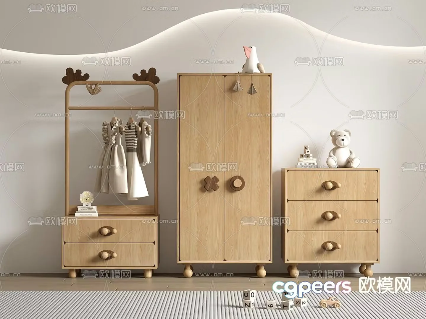 Children’s Wardrobe Clothes Rack Storage Cabinet 3D Model