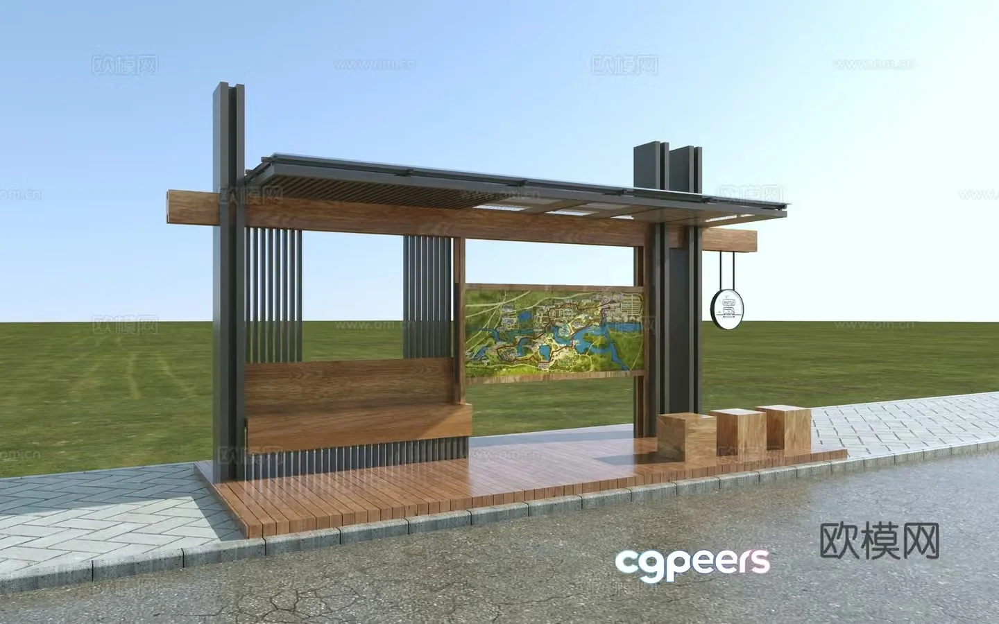 Modern bus stop_Tourism area signboard 3D model