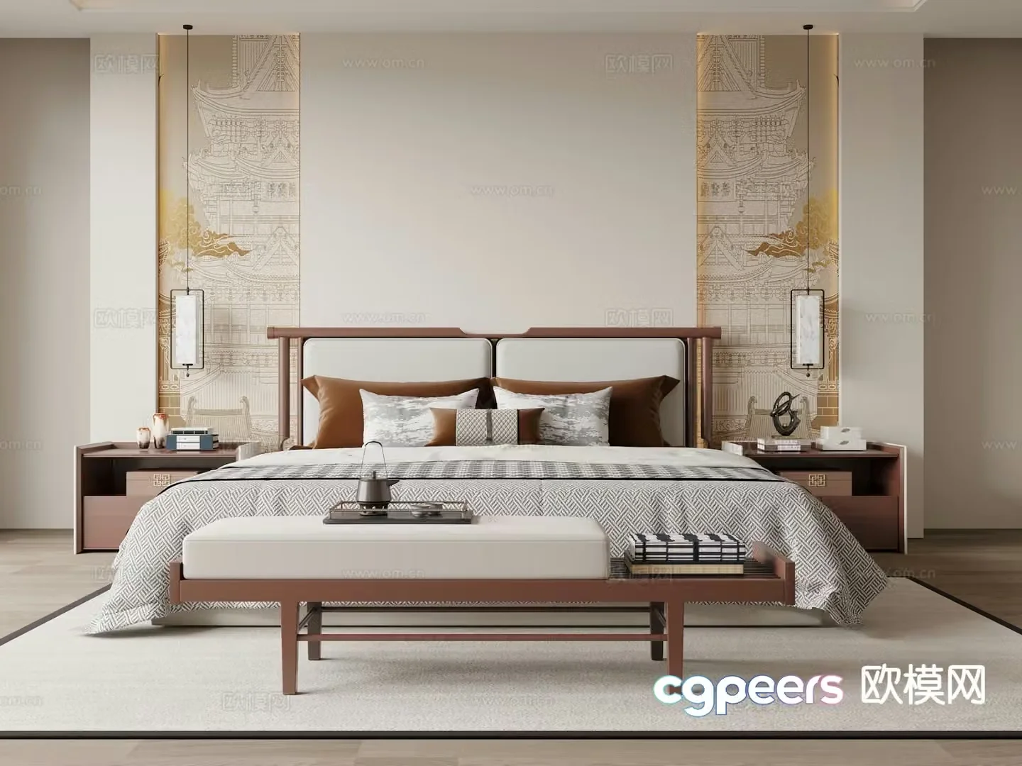 New Chinese style double bed 3d model