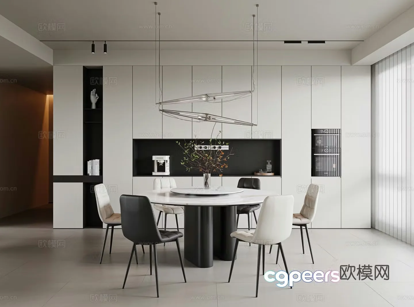 Modern minimalist restaurant restaurant without lights dining table and chair combination round dining table single chair leather dining 3d model