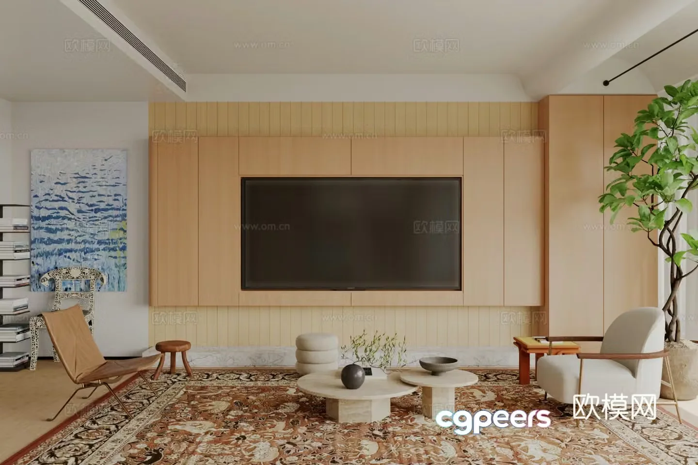 Modern log home living room Log style TV background wall TV background wall medieval style living room 3d model