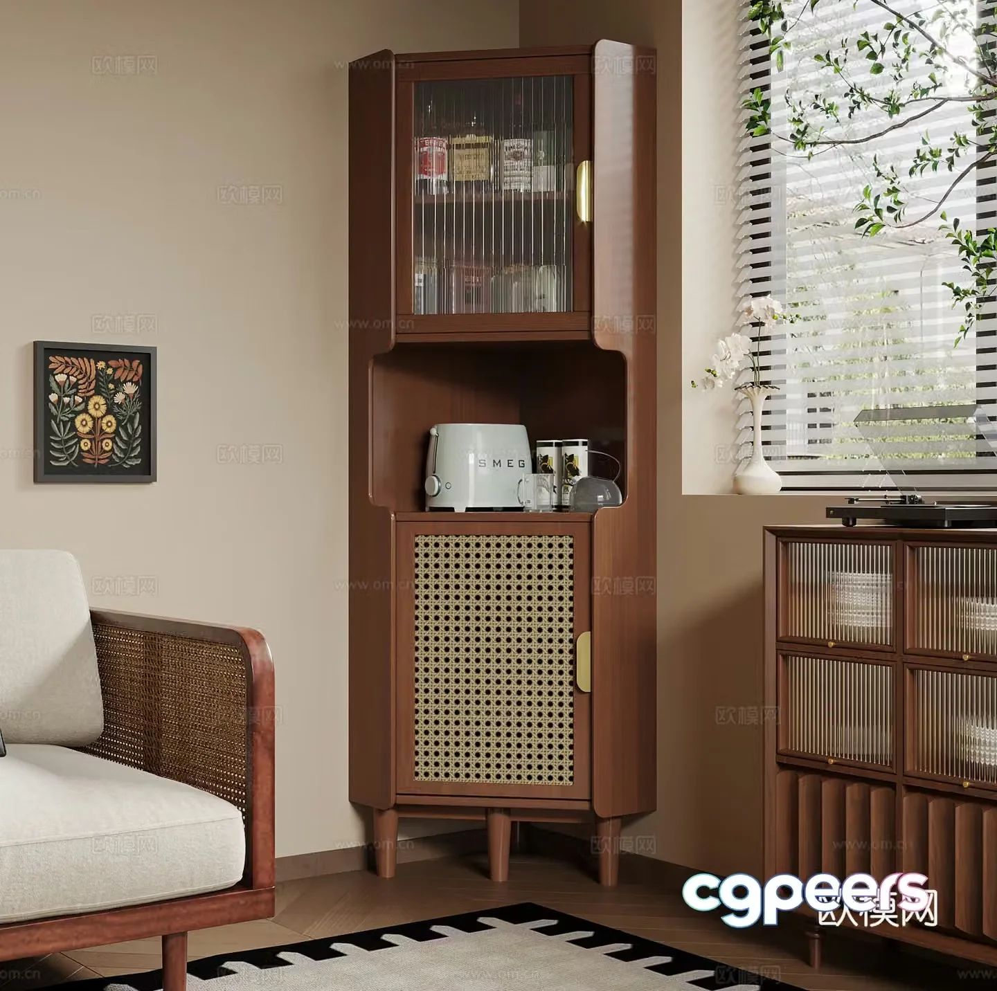 Wasabi Middle Style Bookshelf Corner Cabinet Three-legged Cabinet Decorative Ornament Wine Cabinet 3D Model