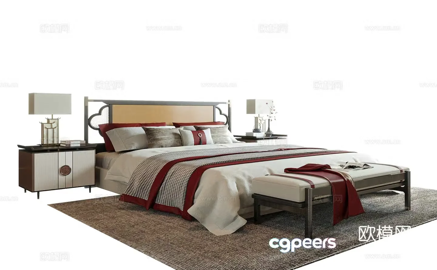 New Chinese style double bed bed tail stool bedside table 3D model
