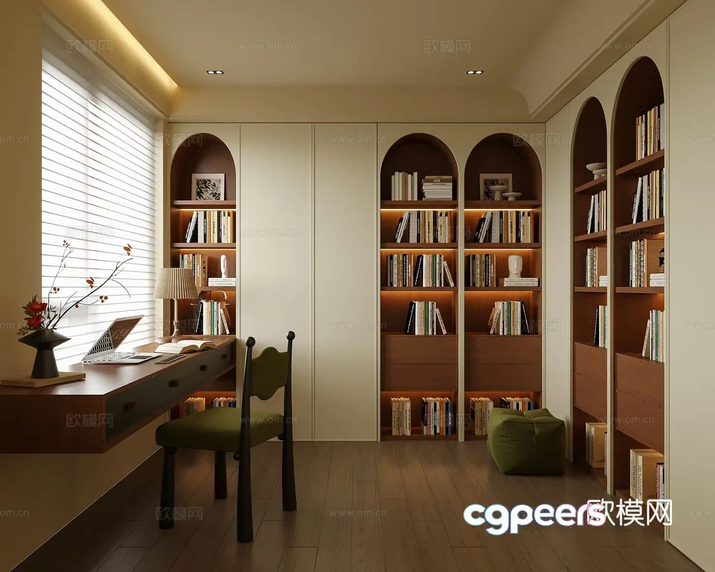 Modern study desk chair bookcase venetian blind 3d model
