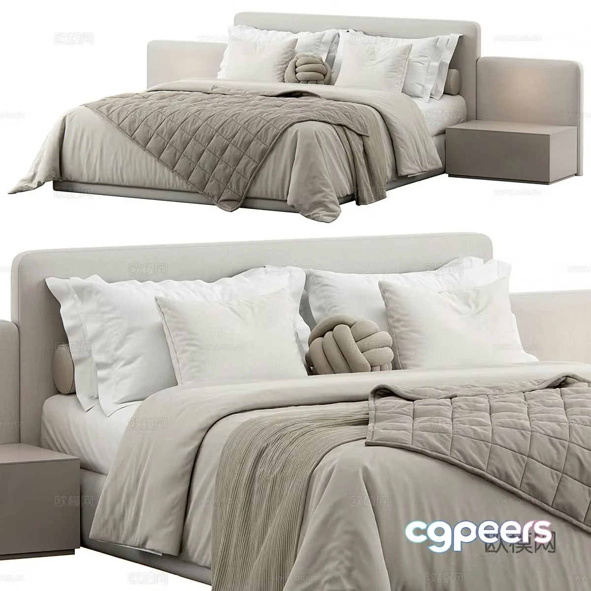 Modern cream style fabric double bed 3d model