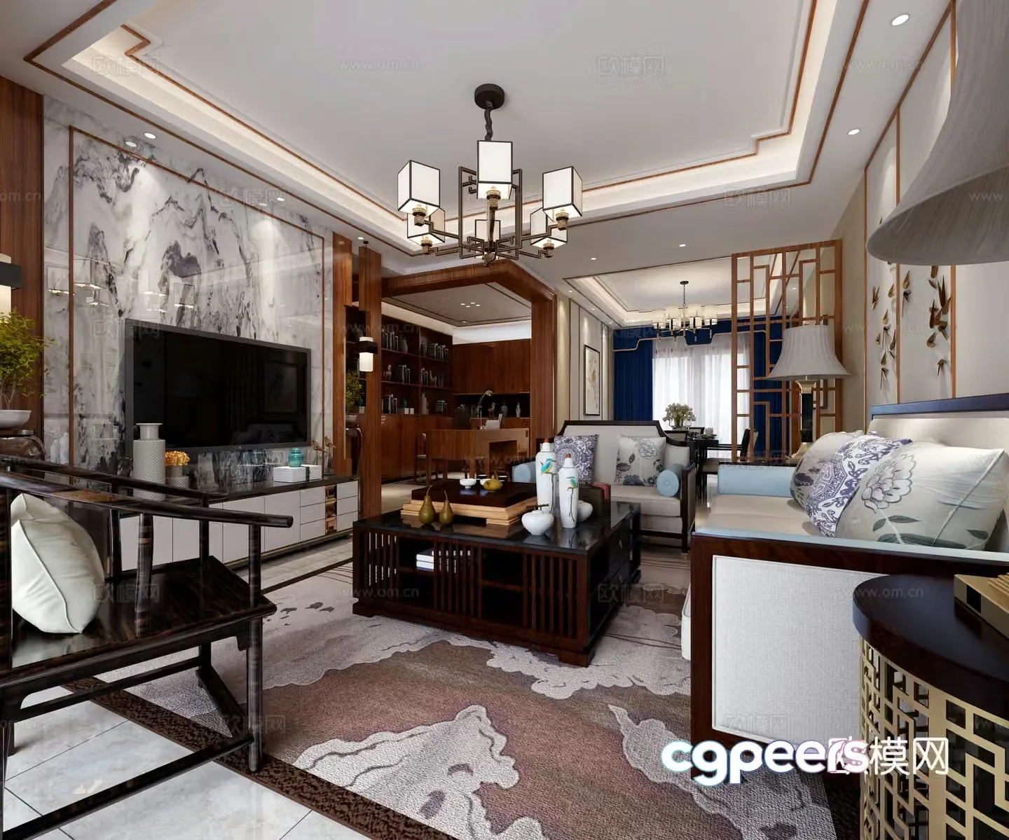 Chinese style living and dining room sofa coffee table chandeliers hanging paintings TV cabinet ornaments dining table and chair 3D model