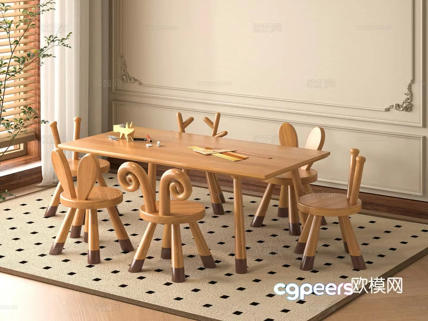Modern solid wood children’s table and chair 3d model