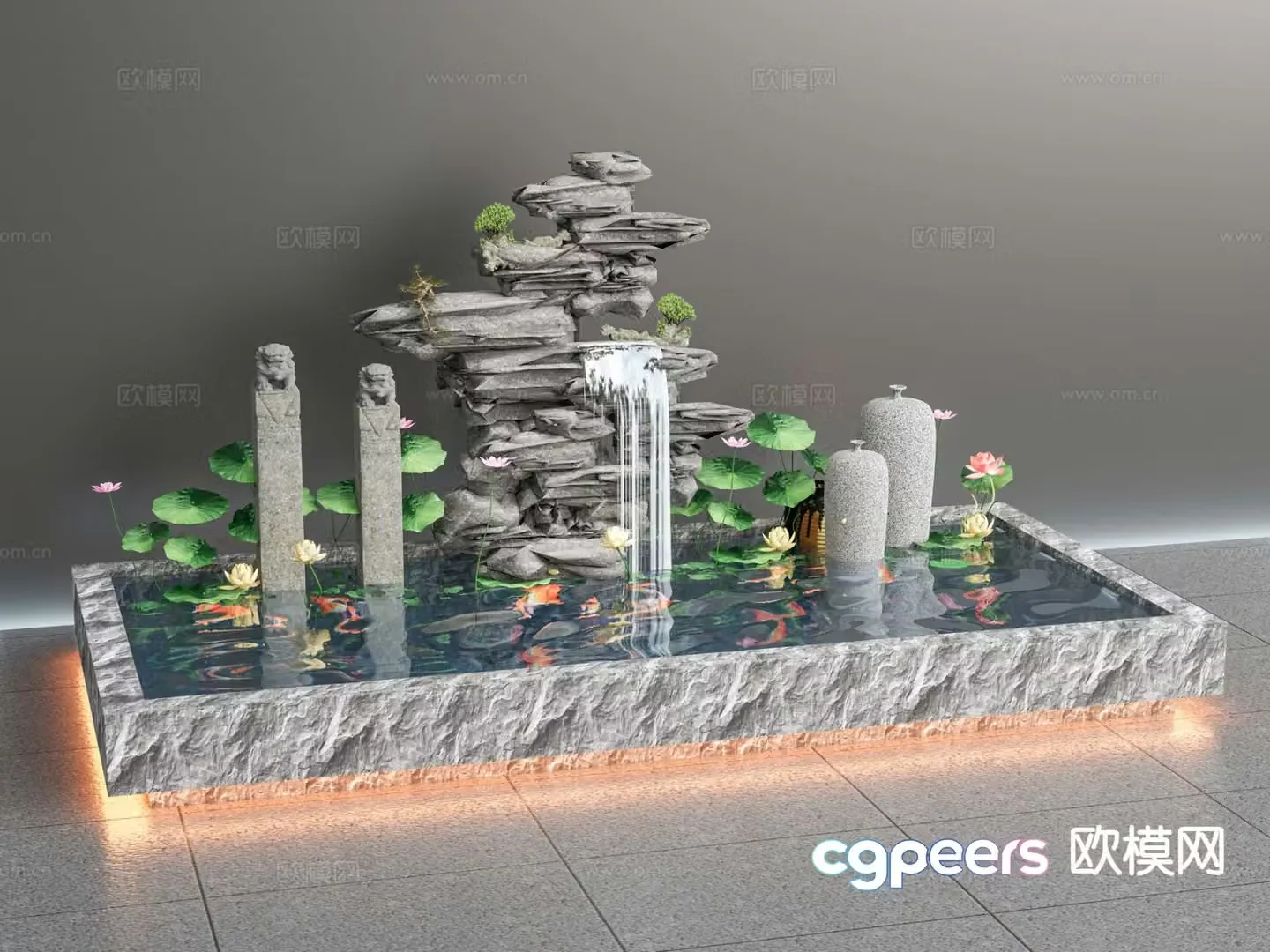 New Chinese style lotus pond flowing water landscape 3D model