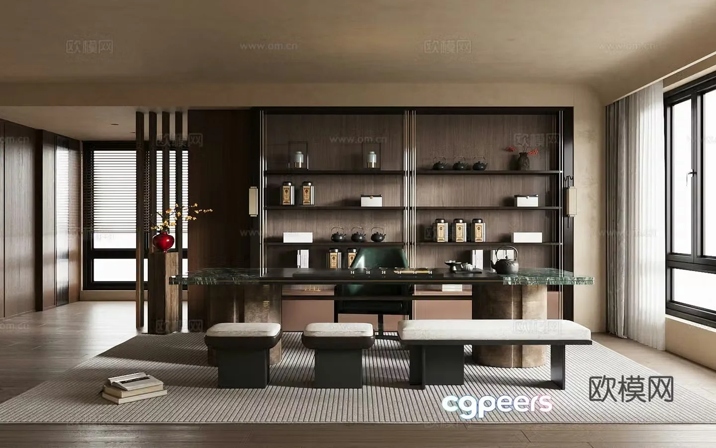 New Chinese-style tea room home tea room tea table and chair combination solid wood tea cabinet tea set combination 3D model
