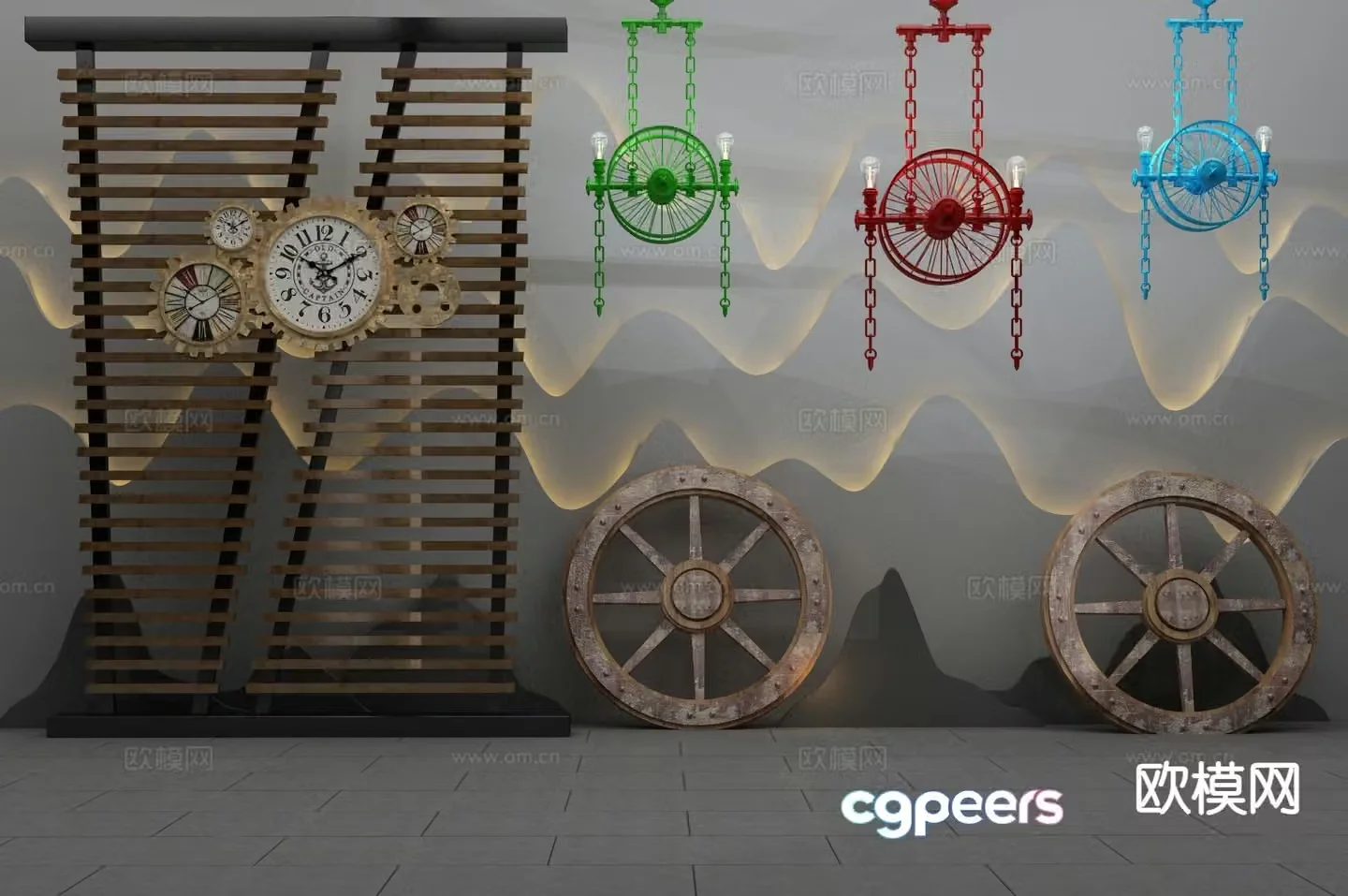Industrial windwheel chandelier wall clock 3d model