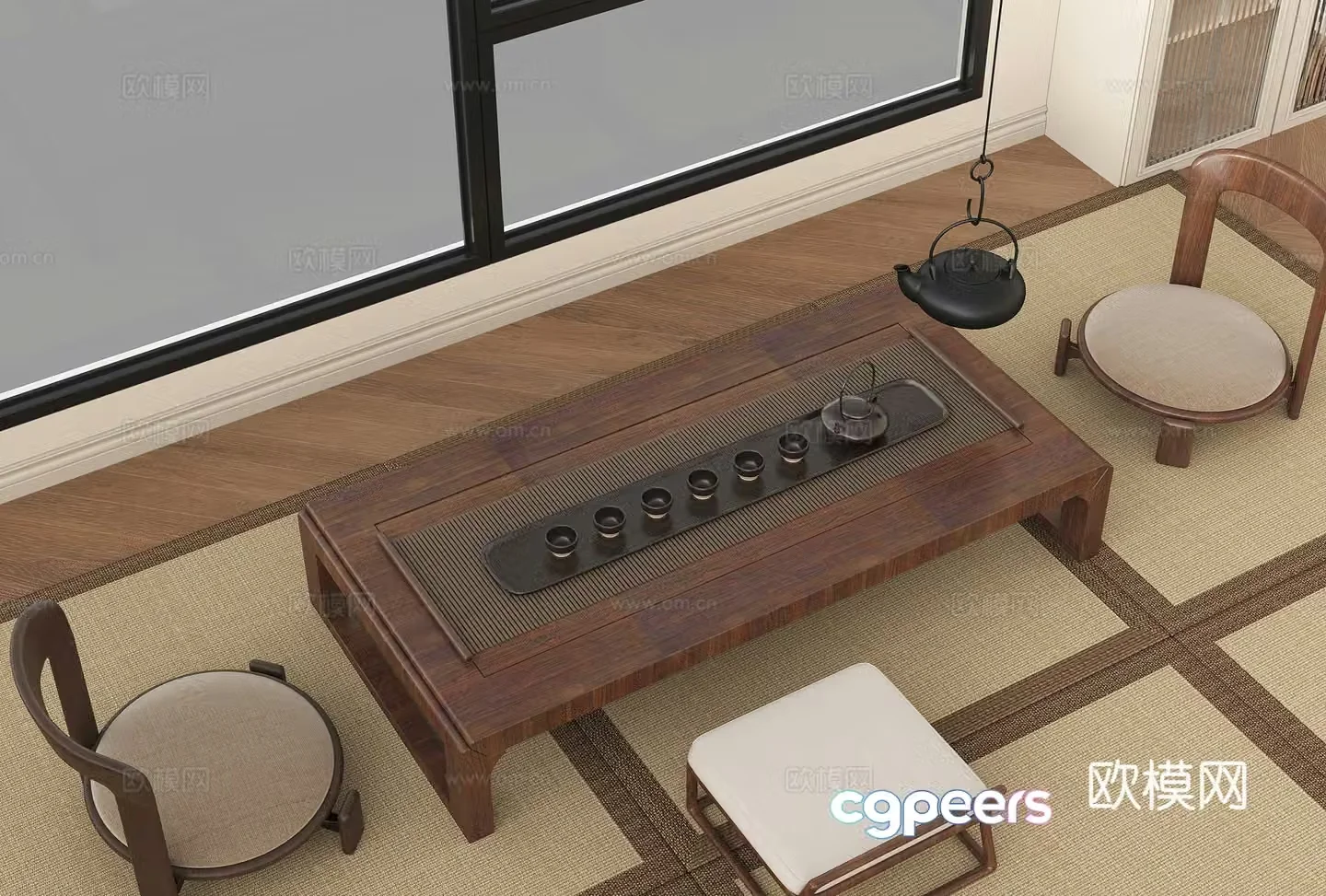 New Chinese-style tea table and chairs Tea table Tea table Long table Solid wood table and chair combination 3D model