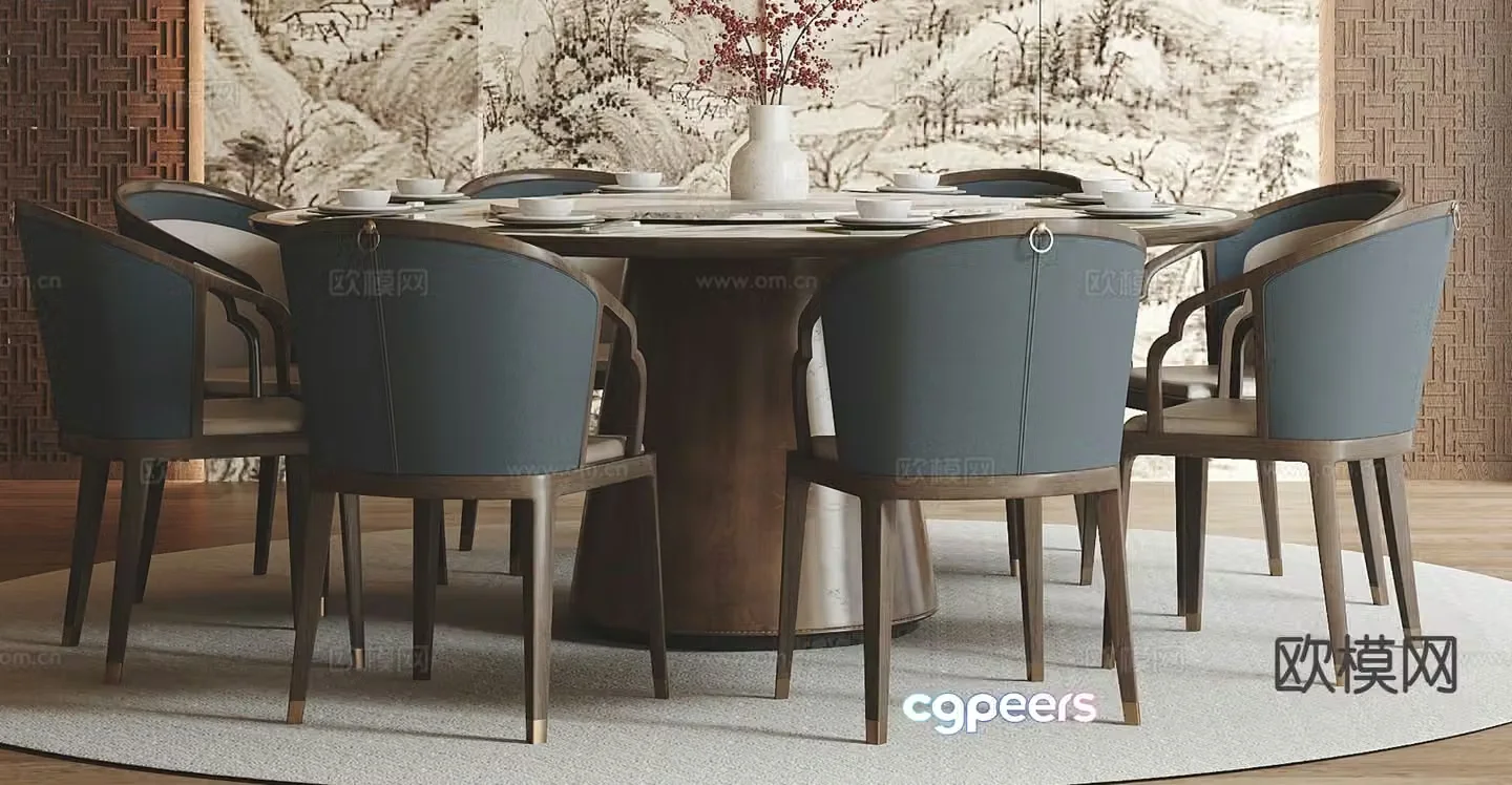 New Chinese style dining table and chairs round dining table 3d model