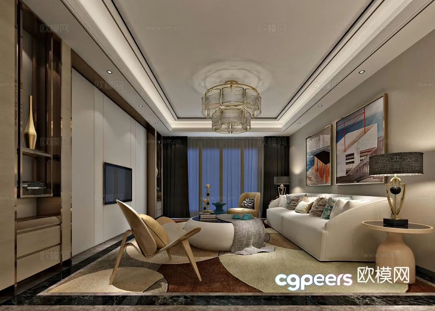 Modern living room sofa coffee table TV cabinet chandeliers paintings restaurant 3d model