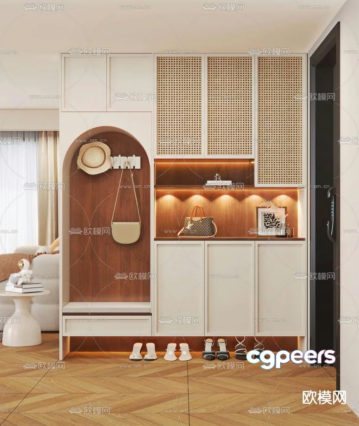 Cream style shoe cabinet shoe and hat cabinet 3d model