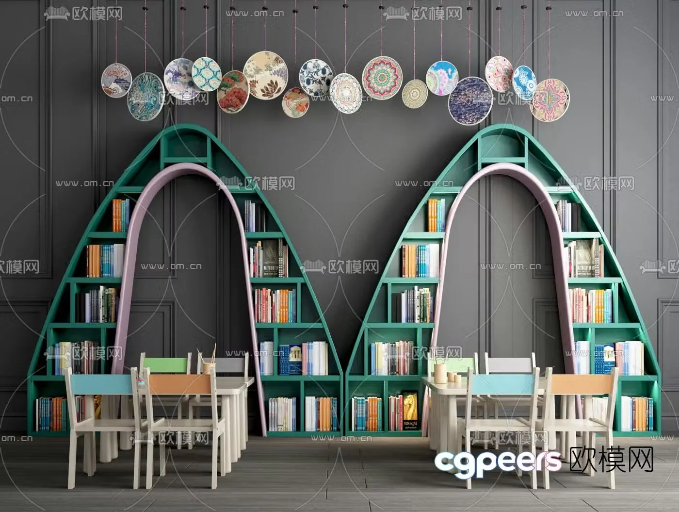 Modern children’s desk chair and bookshelf 3d model