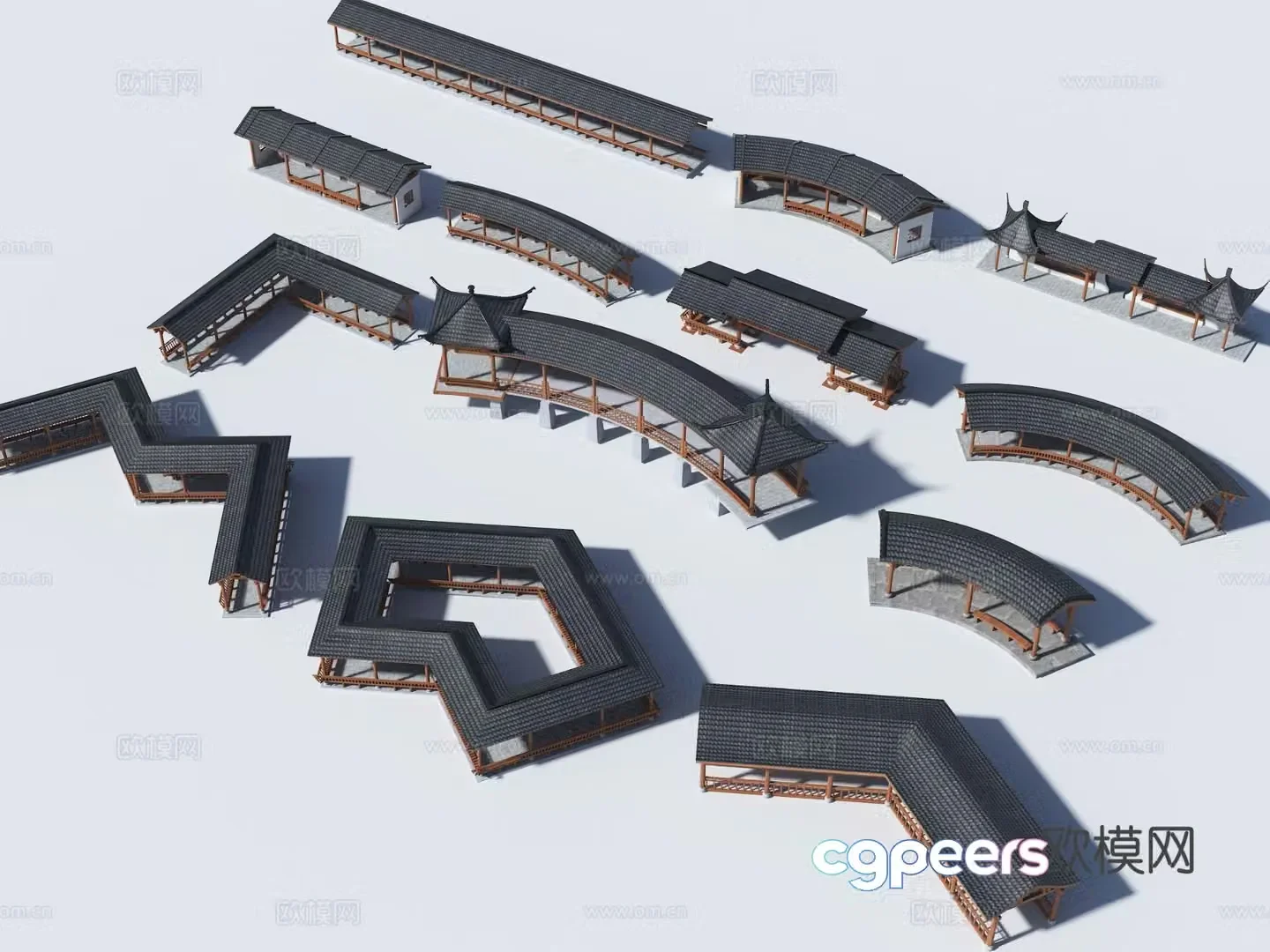 Chinese-style curved corridor curved antique corridor curved corridor frame 3D model