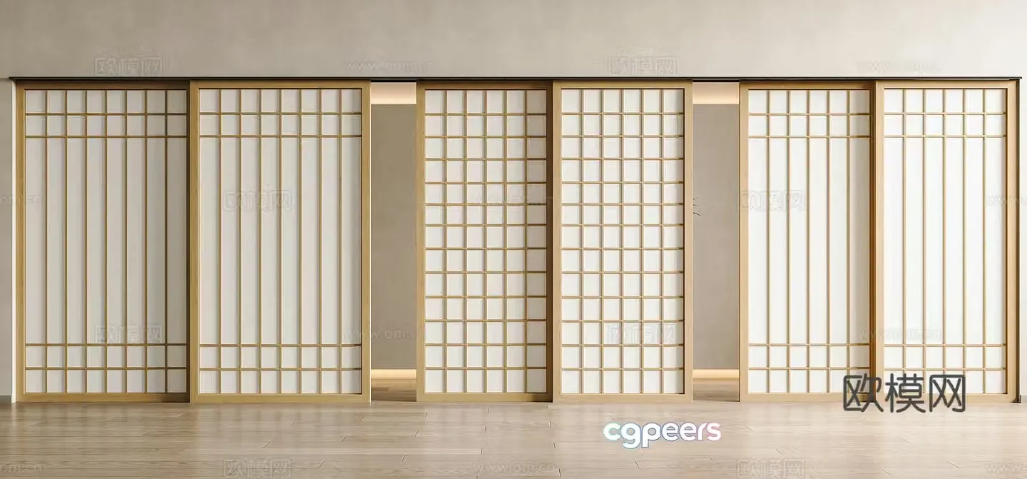 Japanese sliding door Single-open door Partition door Sliding door Grid door Solid wood door Grid door 3D model