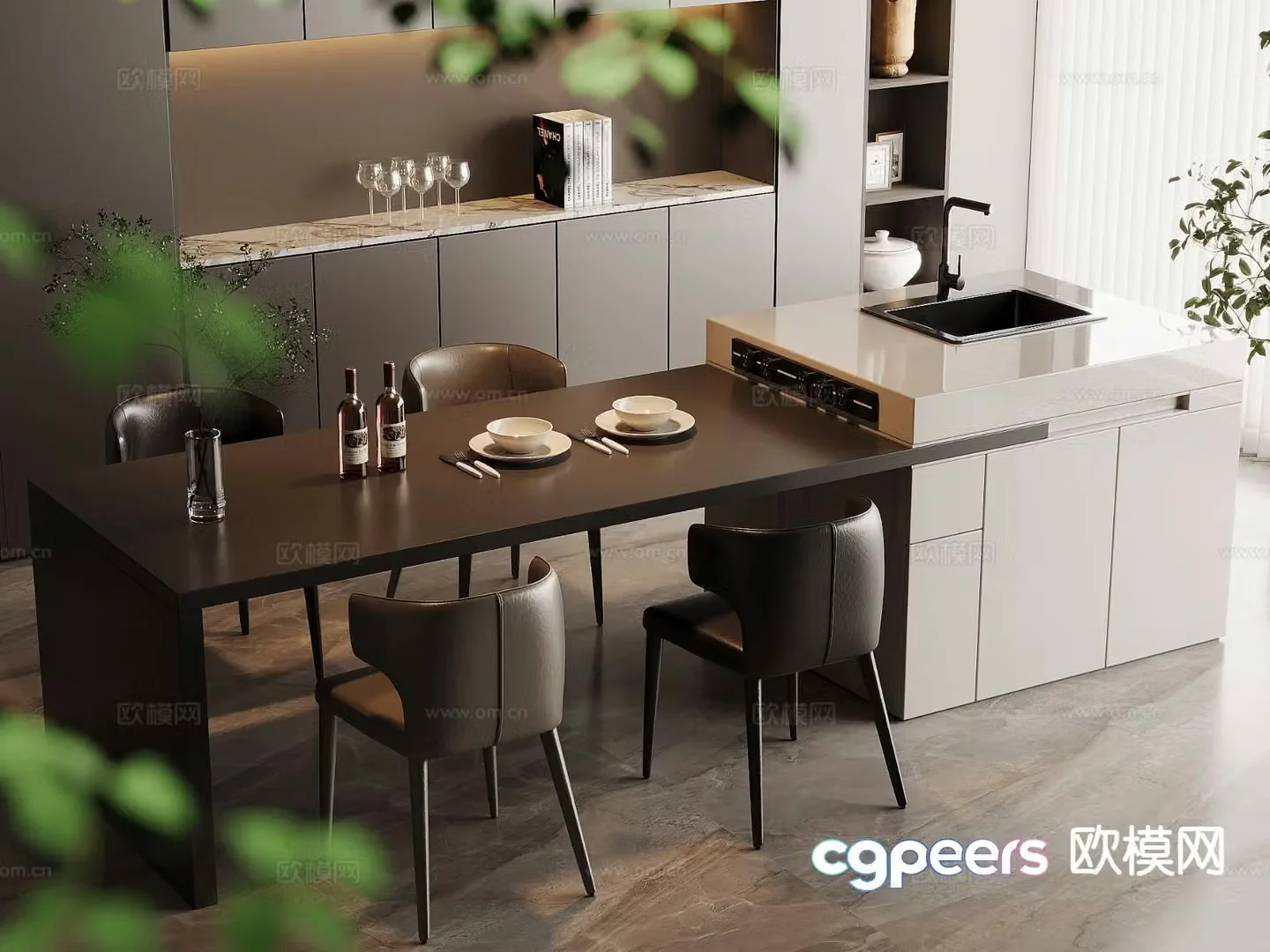 Modern island dining table and chairs 3d model