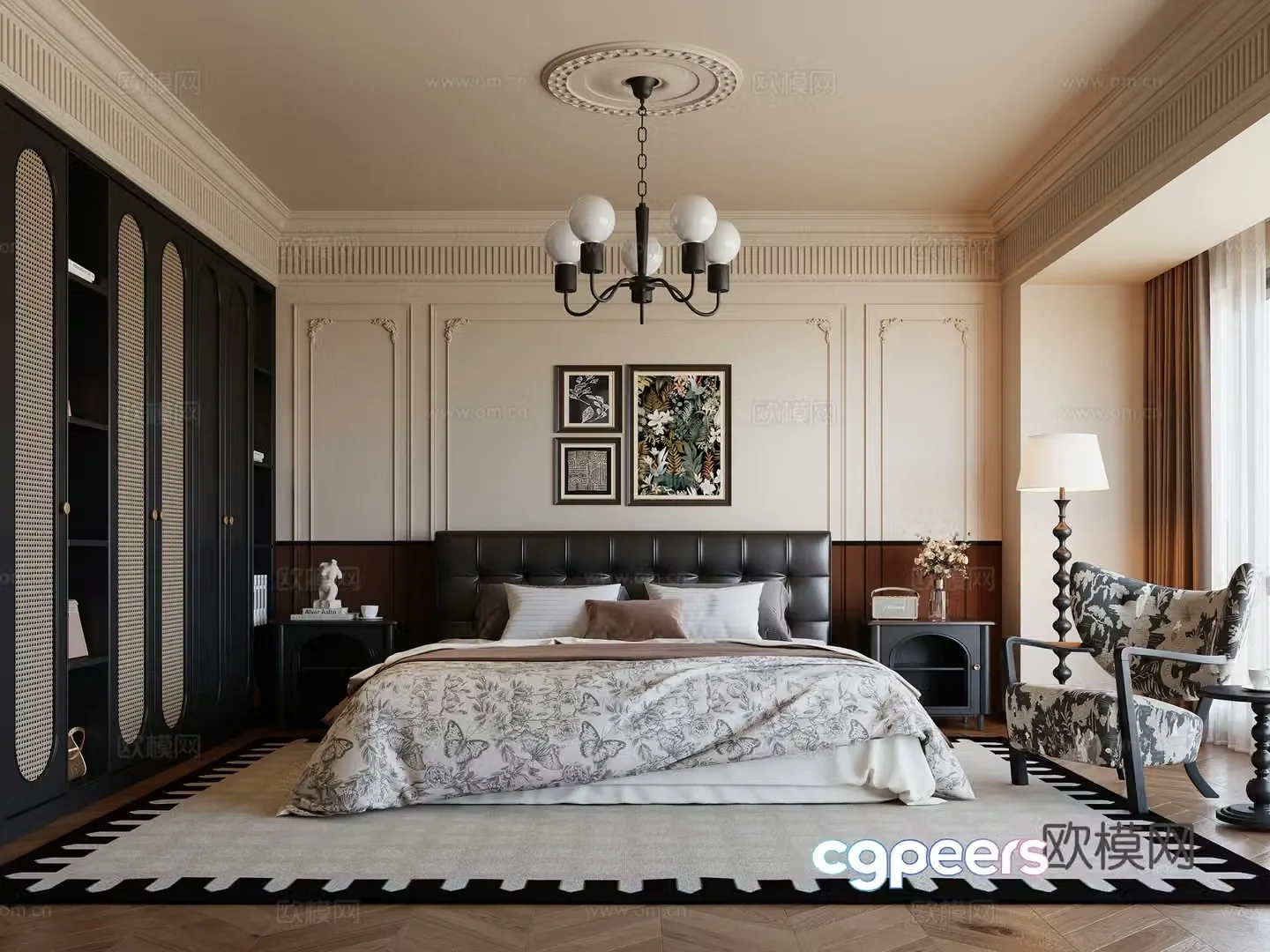 French old-fashioned bedroom double bed wardrobe leisure chair chandeliers 3D model hanging paintings