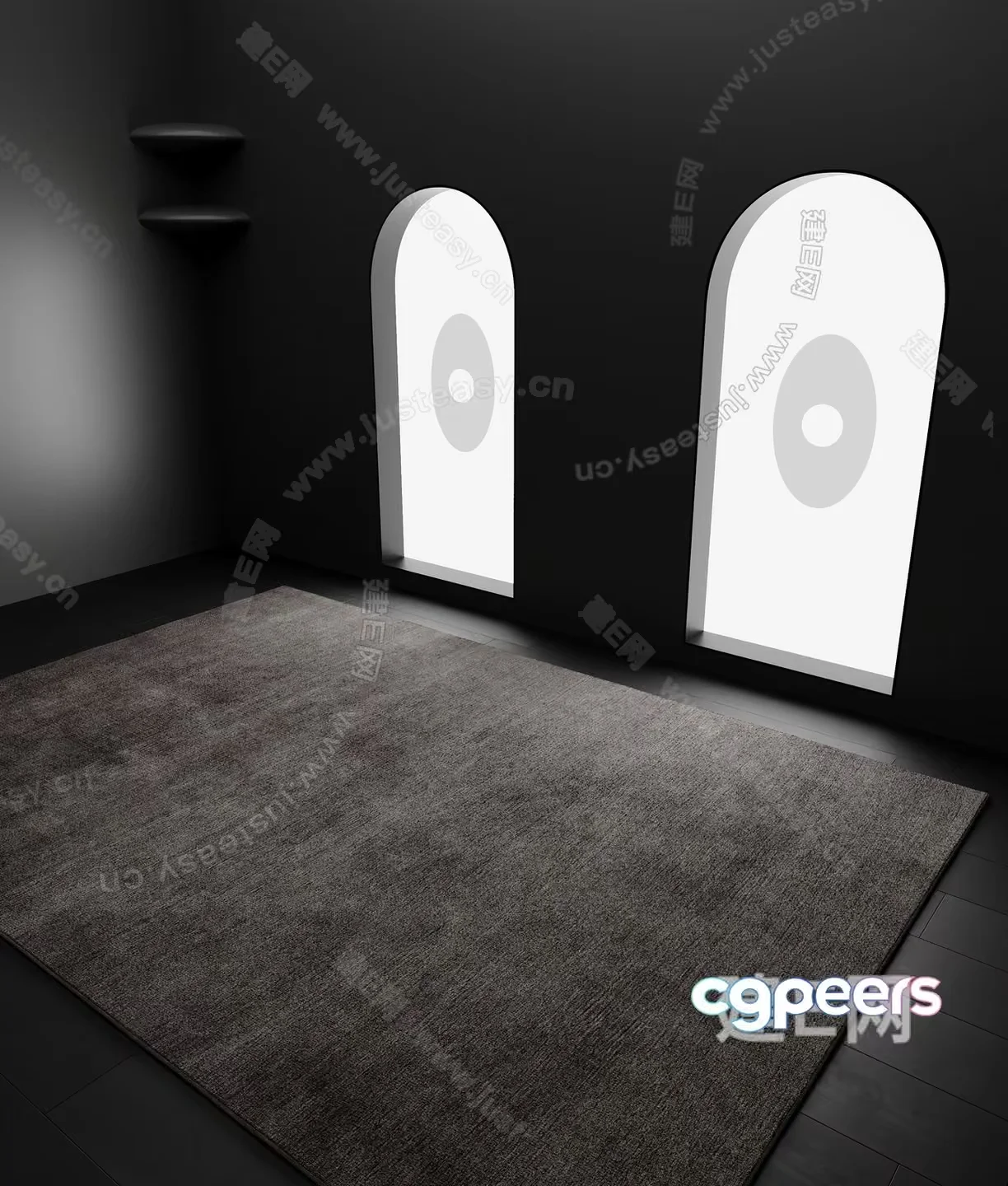 A Room With A Gray Rug And Two Arched Windows 3D Model – 398 – VRAY Render