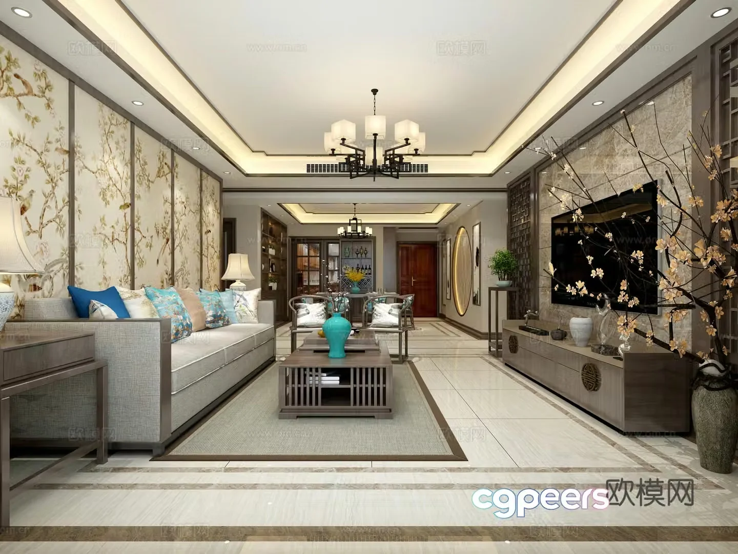 Chinese living and dining room sofa coffee table chandeliers TV cabinet carpet 3d model