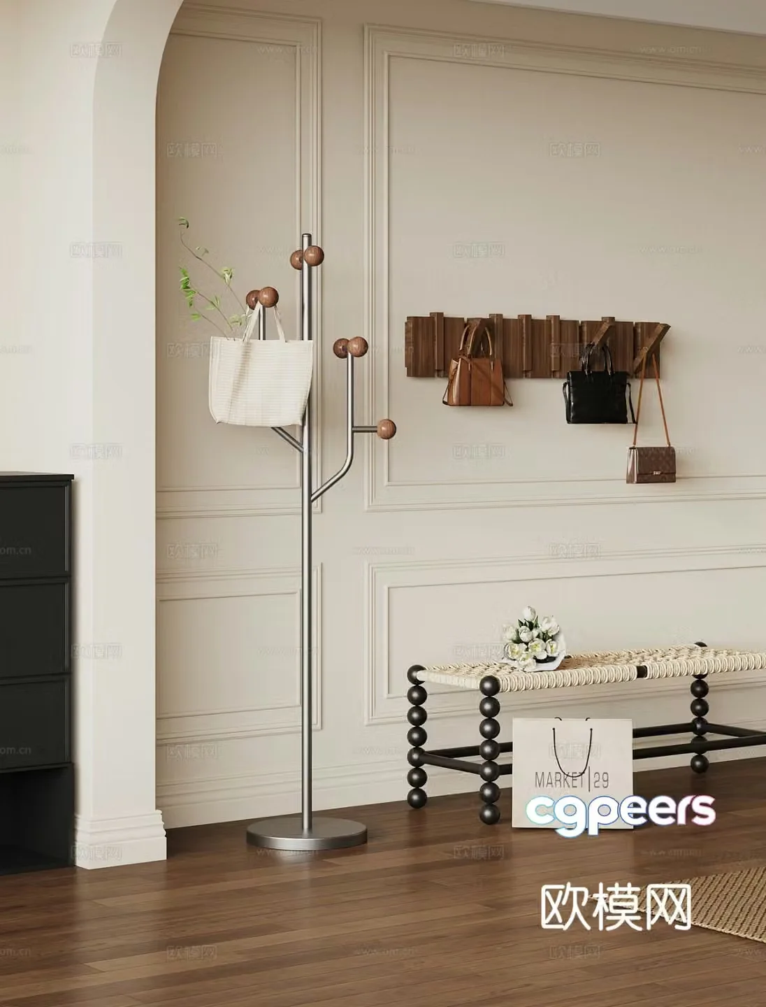 Medieval style clothes hanger clothes hook shoe changing stool 3D model