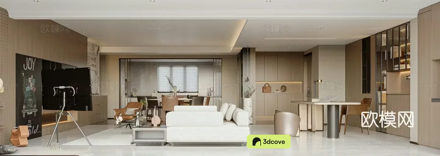 Modern light luxury living restaurant large flat floor no main light model room horizontal hall display cabinet