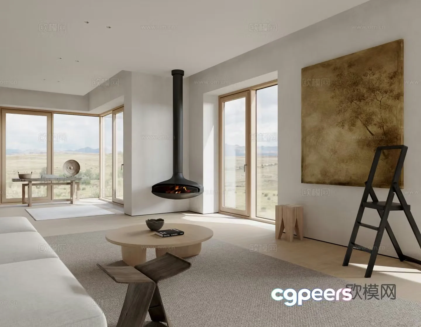 Modern Creamy Living Room 3D Model
