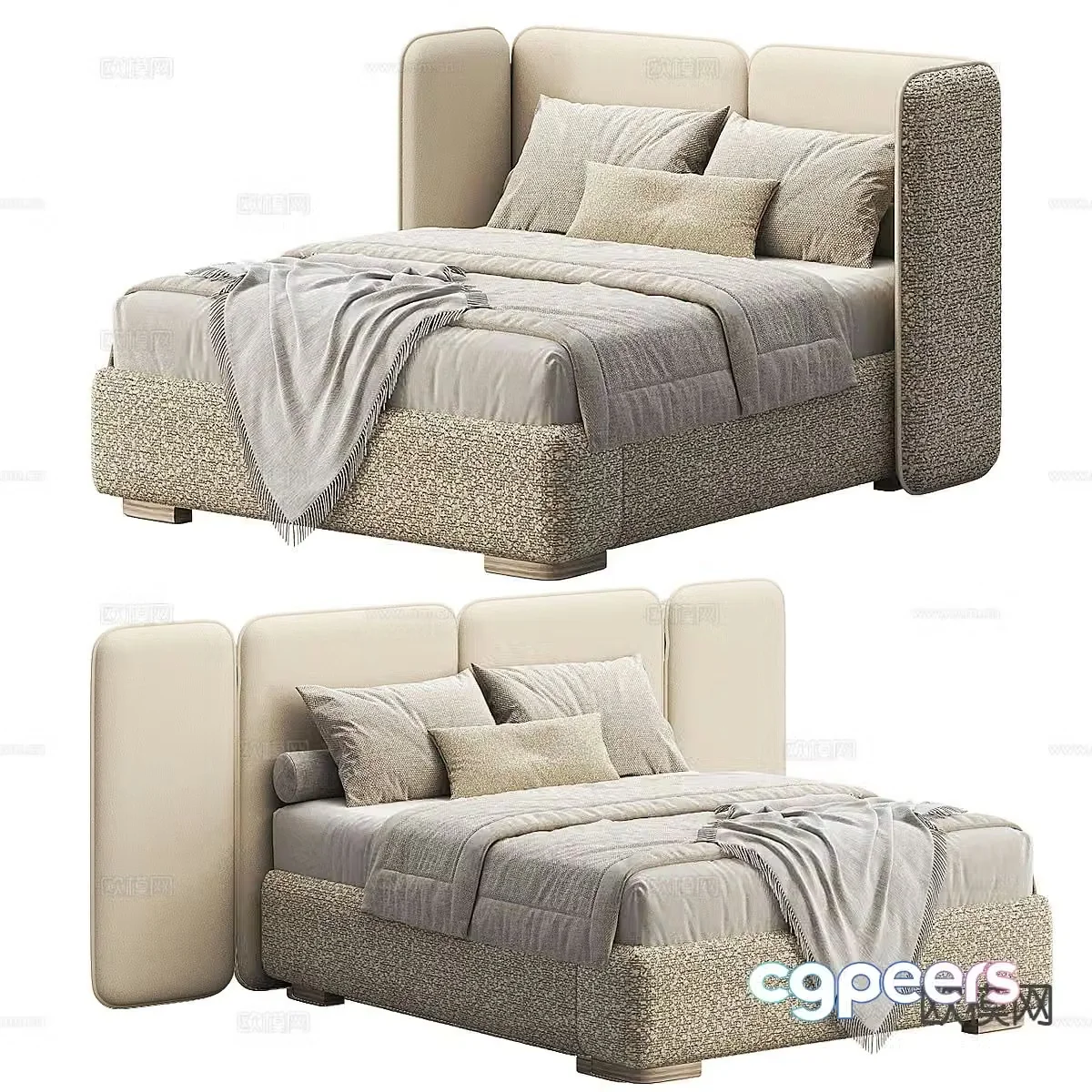 Cream style double bed 3d model